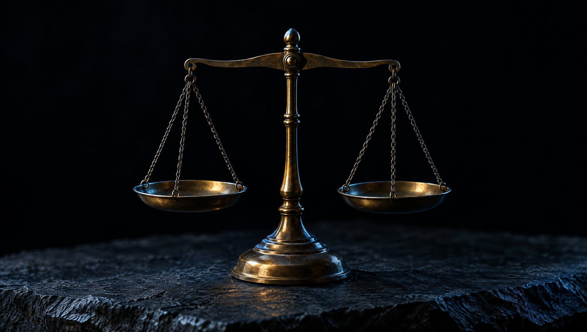 A small antique brass balance scale with two empty pans hanging level, standing on rough dark slate against a black background, its brass edges lit in warm amber light.