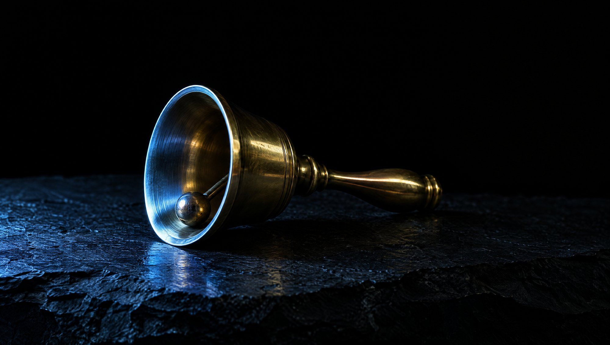 A small brass hand bell lying on its side on rough dark slate against black, the rim of its open mouth lit by cool slate-blue light that reflects on the stone.