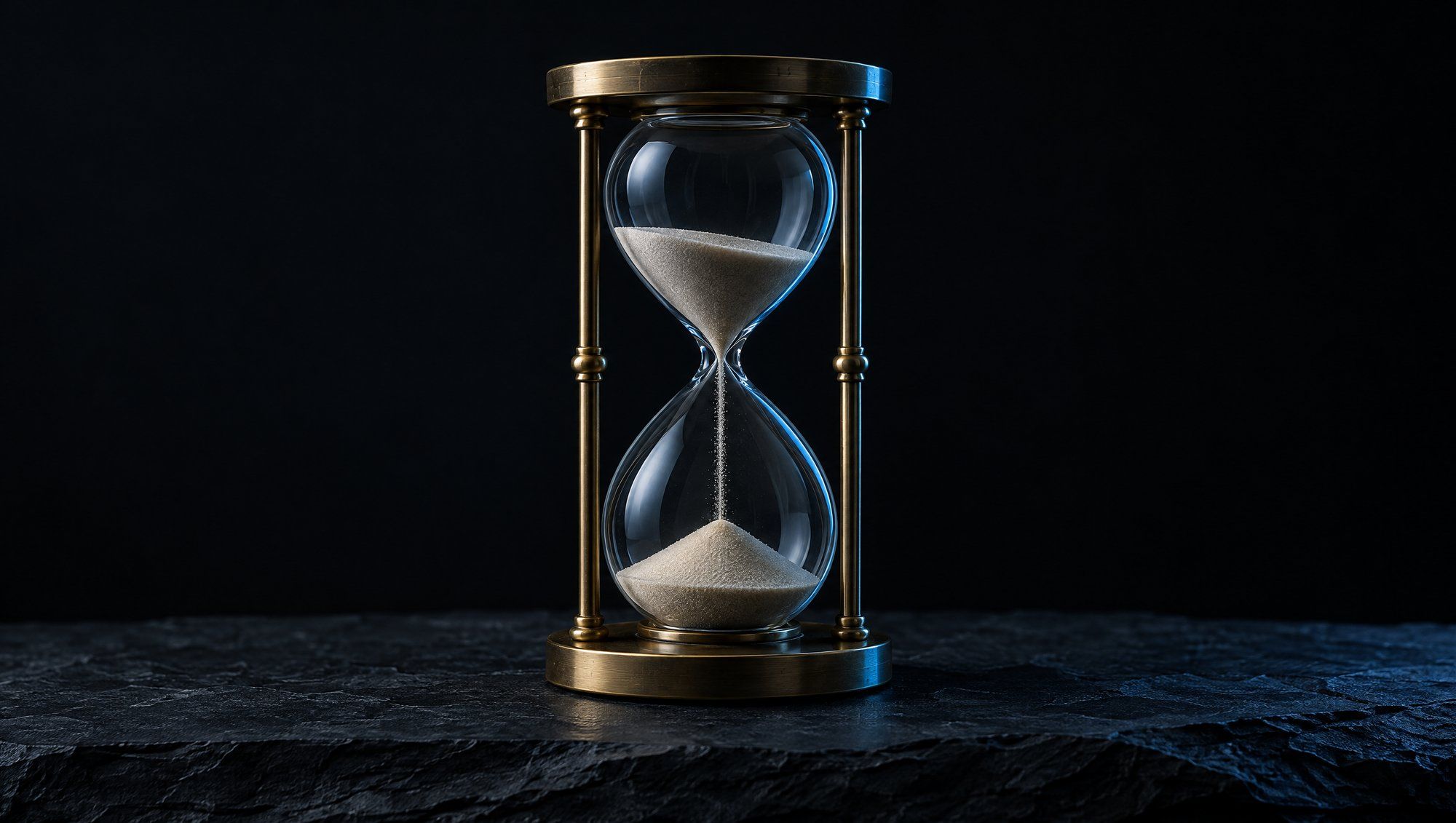 A brass-framed glass hourglass with pale sand running from the top bulb to the bottom, standing on a rough dark slate surface against a black background, its edges catching a cool slate-blue light.