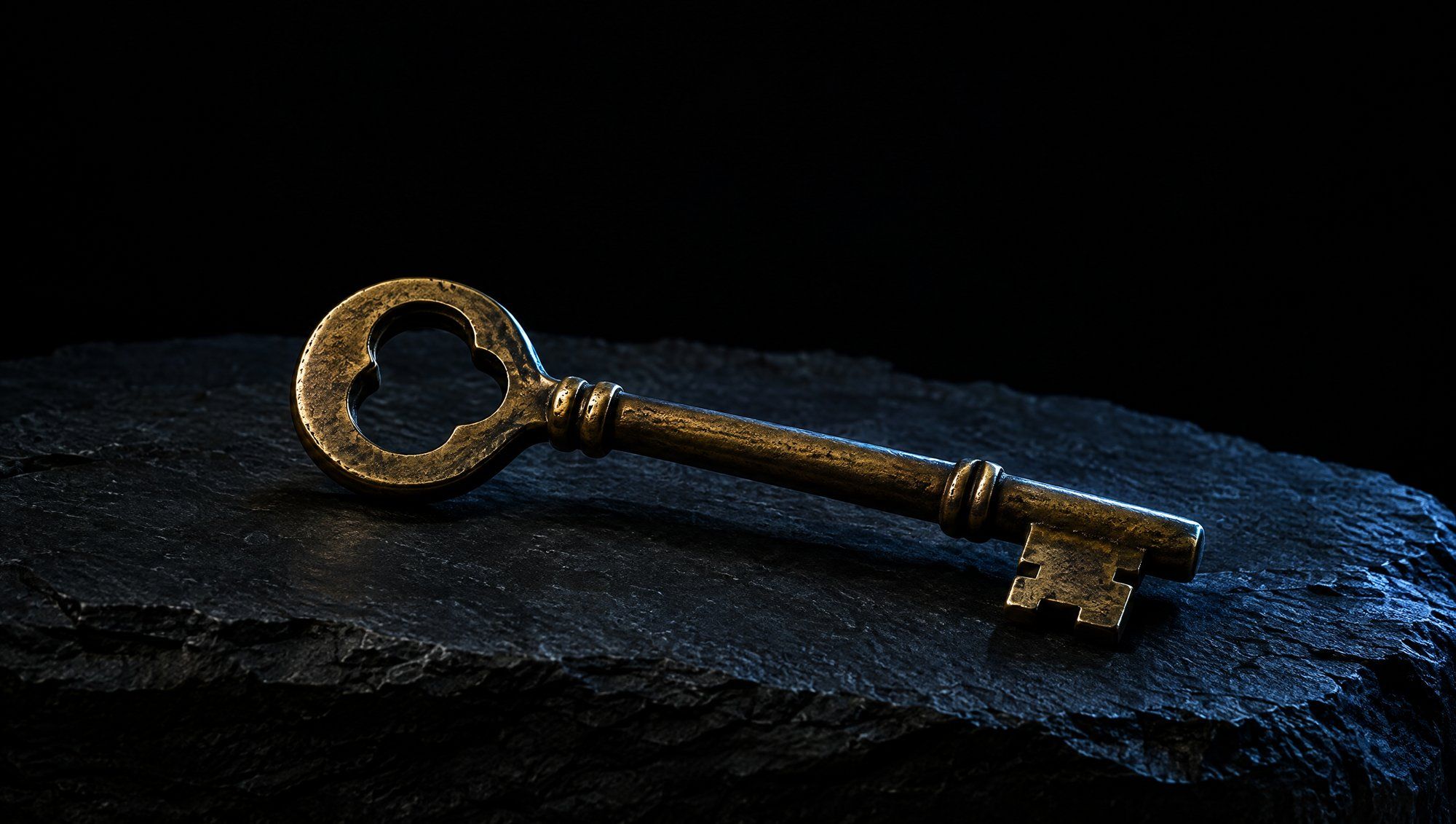 An old brass key lying on dark slate stone, its edge catching cool slate-blue light.
