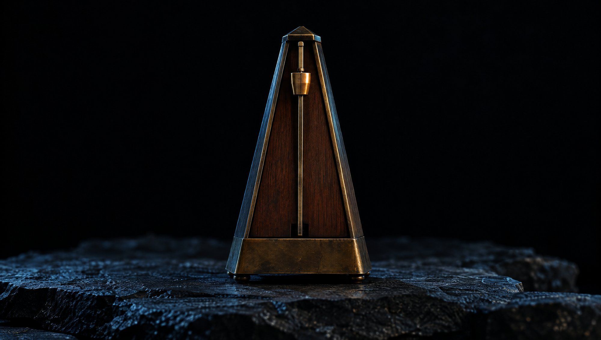 An antique brass and wood pyramid metronome with its pendulum at rest, standing on rough dark slate against black, its edges lit in cool slate-blue light with a warm amber glint on the brass weight.