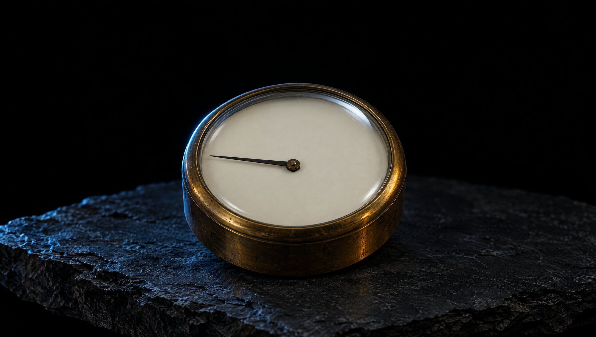 A round antique brass pressure gauge with a domed glass face and a blank cream dial with one thin dark needle, resting on rough dark slate against black, its brass rim edged in cool slate-blue light.