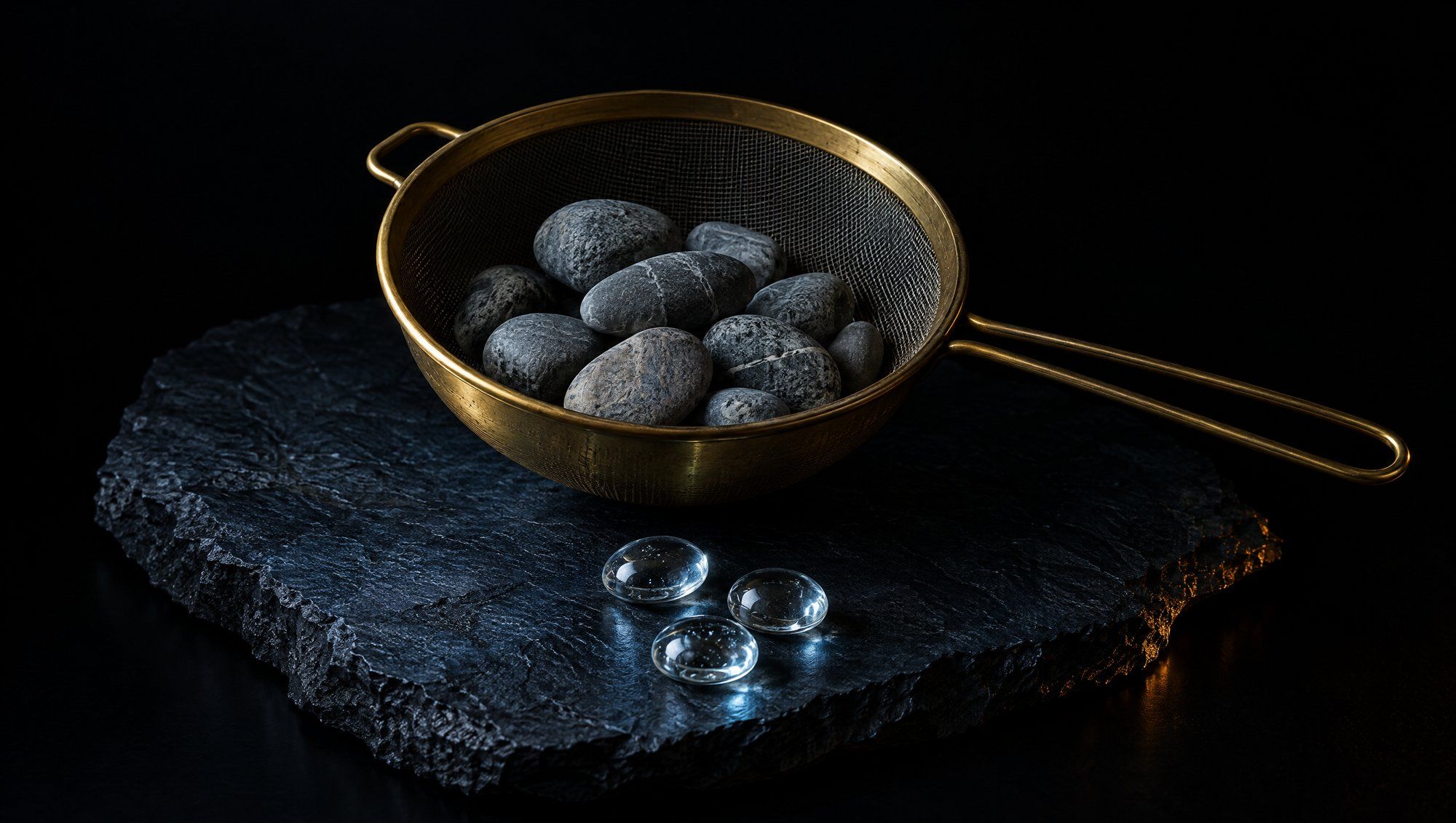 A round brass mesh sieve holding grey river stones on rough dark slate against black, with three small clear glass pebbles resting on the slate below it in cool slate-blue light and a faint amber glint at the slate's edge.