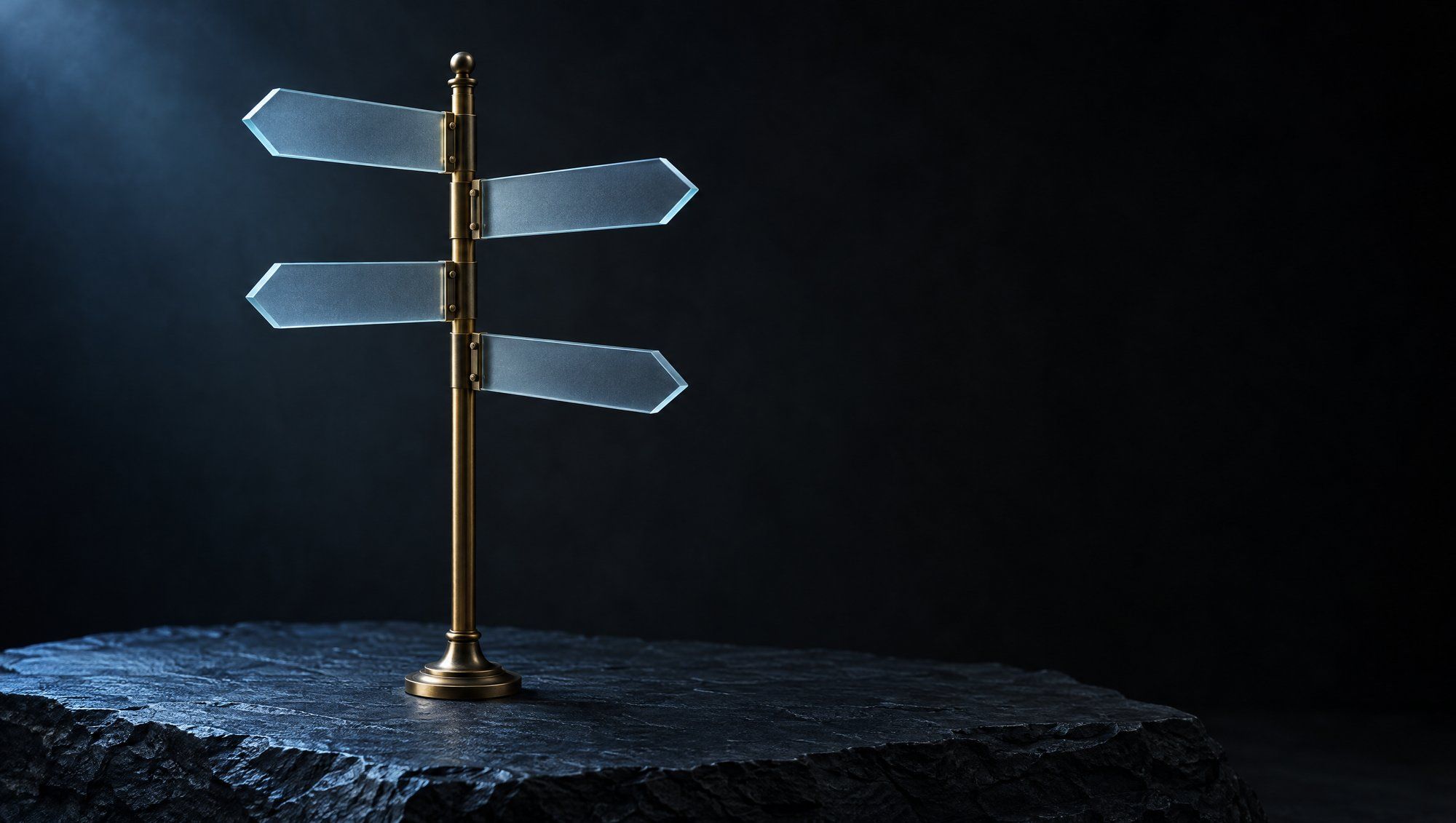 A slender brass signpost on a slab of dark slate with four blank frosted-glass arms pointing left and right, lit by a cool slate-blue light from the upper left against a black background.