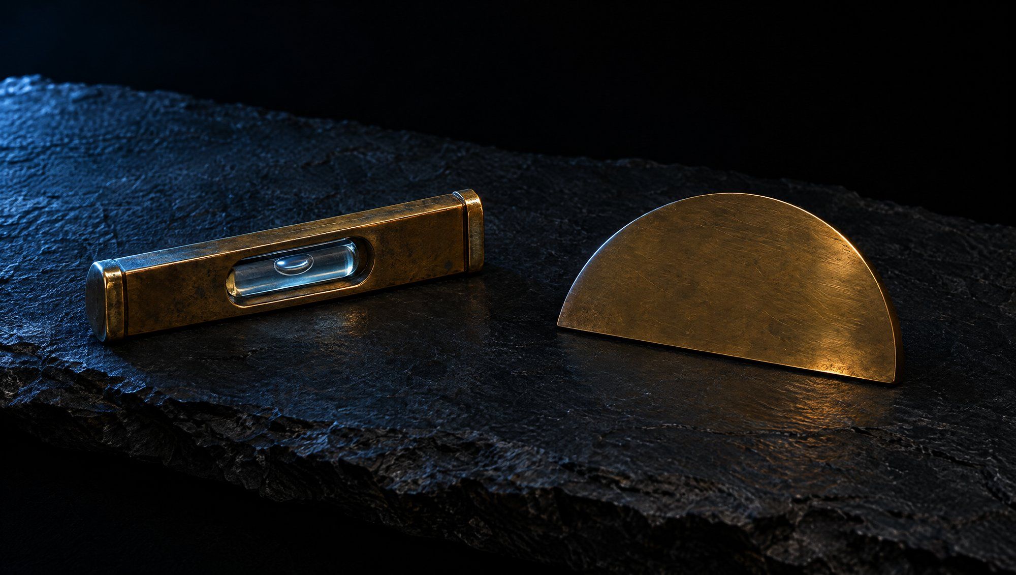 A small antique brass spirit level with a clear glass window and an air bubble, beside a plain unmarked brass half-circle protractor, both resting on rough dark slate against black, edged in cool slate-blue light with a faint amber glint.