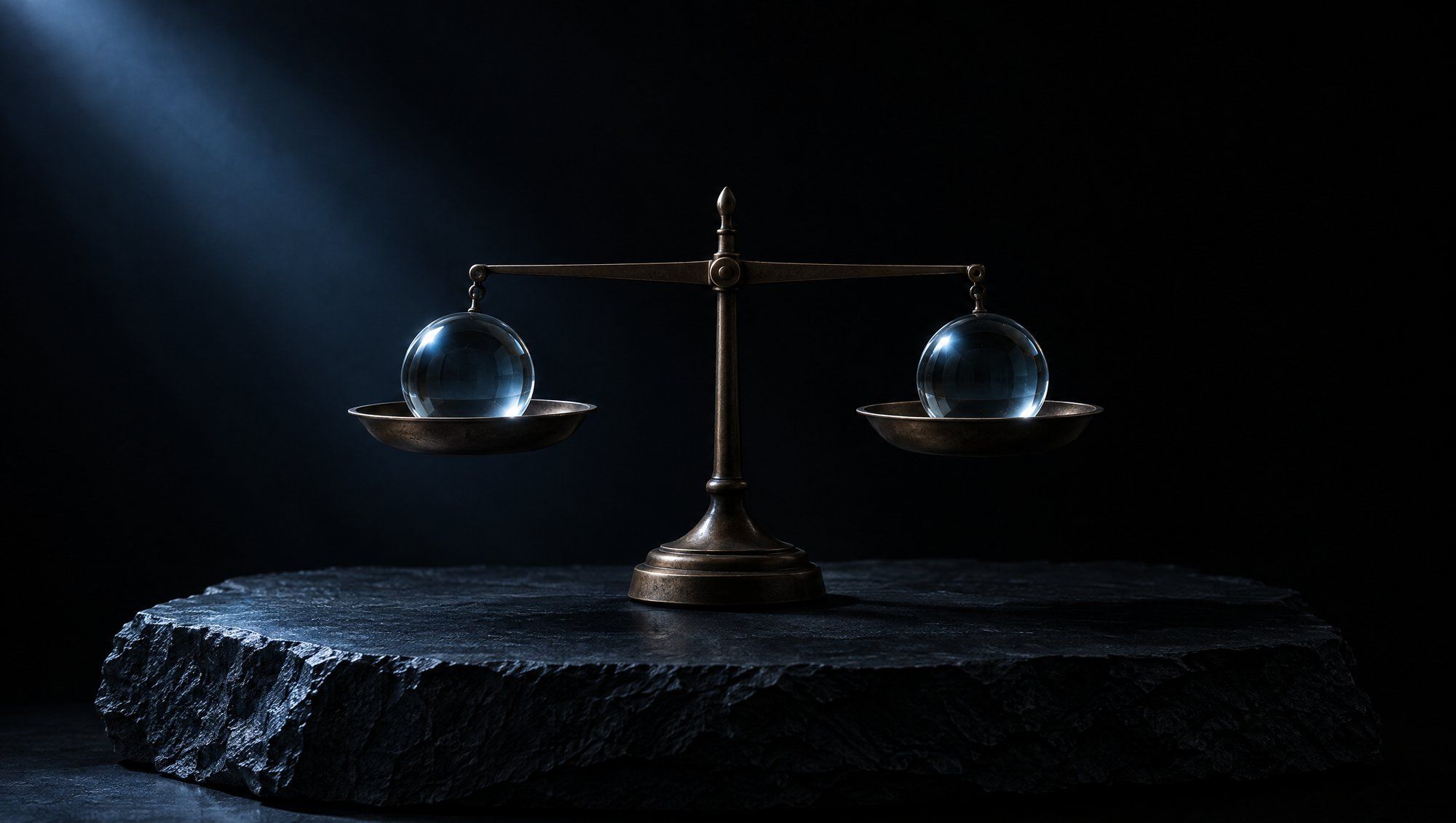 A small bronze balance scale on a rough slab of dark slate against black, its two pans level, each holding a clear glass sphere, lit by a single beam of cool slate-blue light from the upper left.