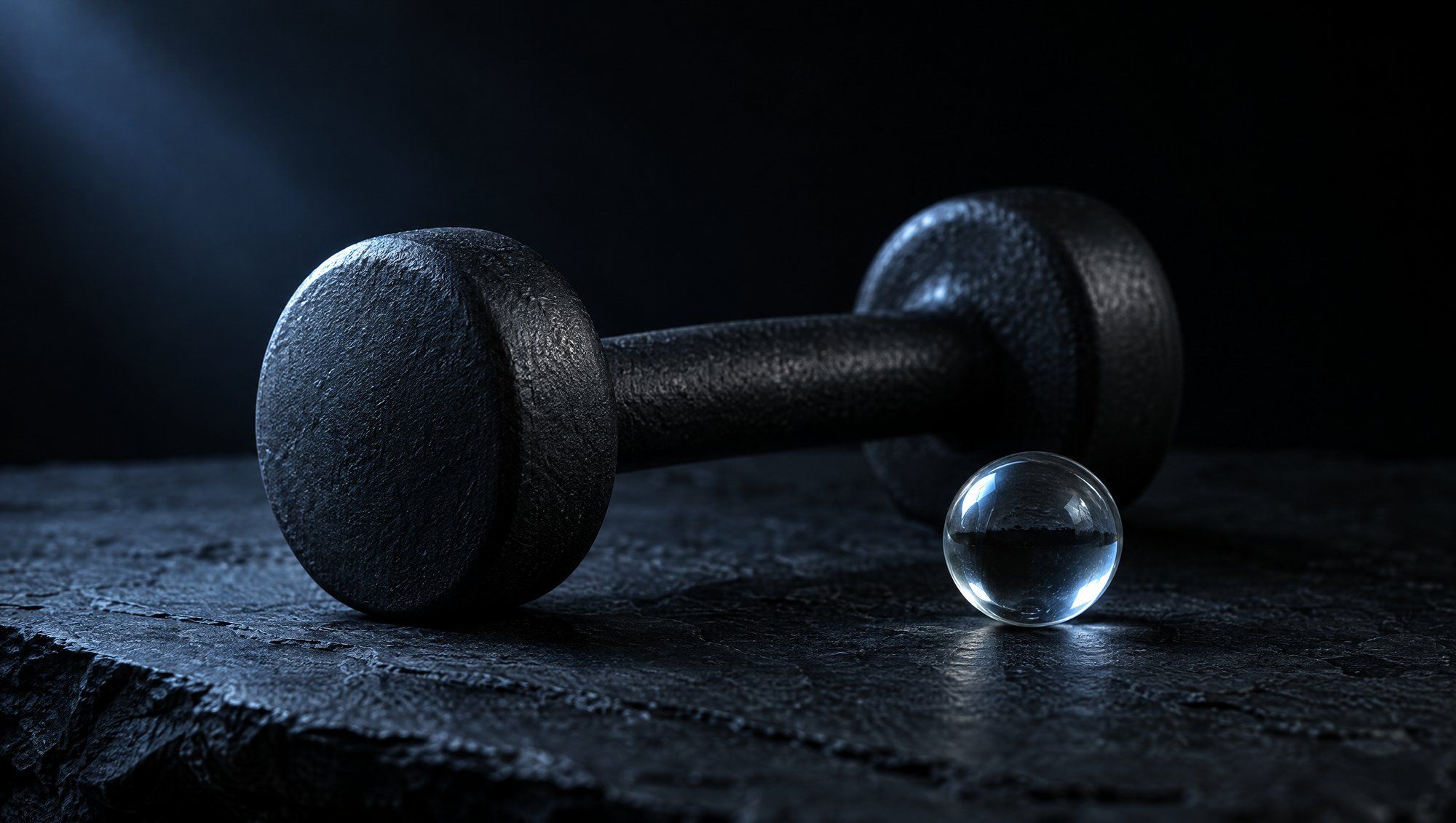 A plain dark cast-iron dumbbell lying on its side on rough dark slate beside a small clear glass sphere, against black, lit by a soft beam of cool slate-blue light from the upper left.