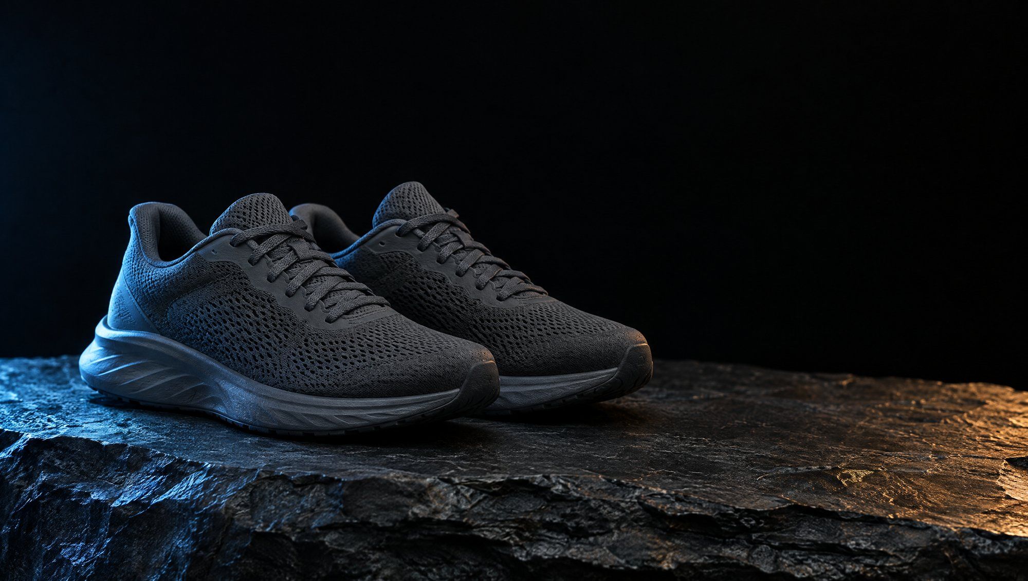 A pair of plain charcoal-grey running shoes with tied laces resting on rough dark slate stone against black, edge-lit in cool slate-blue light with a faint amber reflection on the stone.