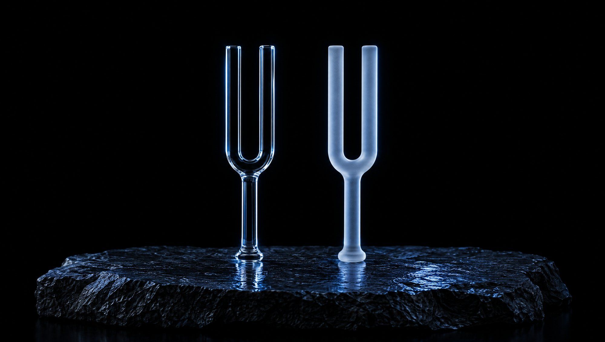 Two glass tuning forks of similar shape standing upright on a slab of rough dark slate against black, the left one clear and the right one frosted, both rim-lit in cool slate-blue light.