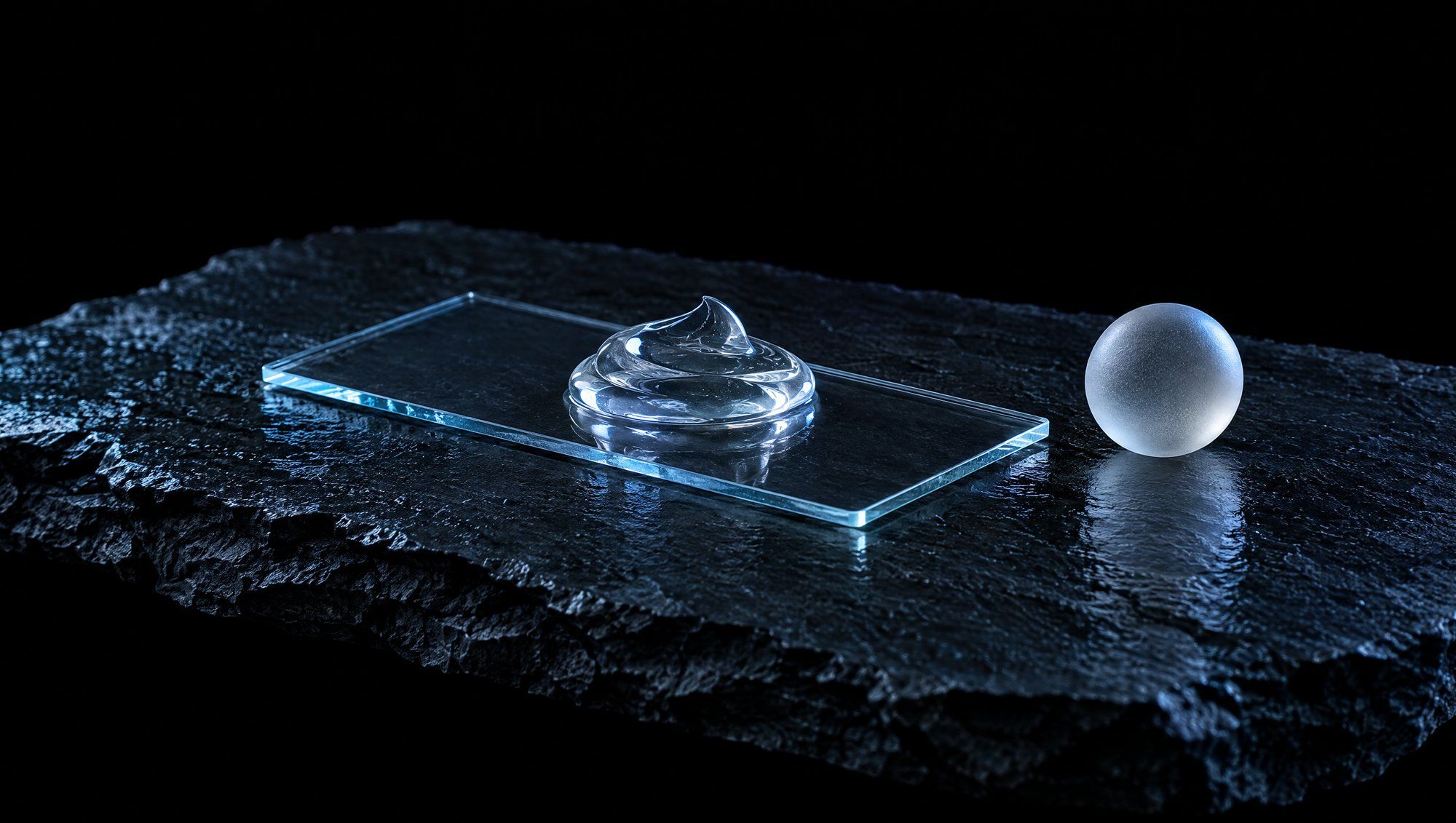 A clear rectangular glass slide on a slab of rough dark slate against black, a small swirl of clear gel resting on the slide and a frosted white glass sphere beside it, the glass edges lit in cool slate-blue light.