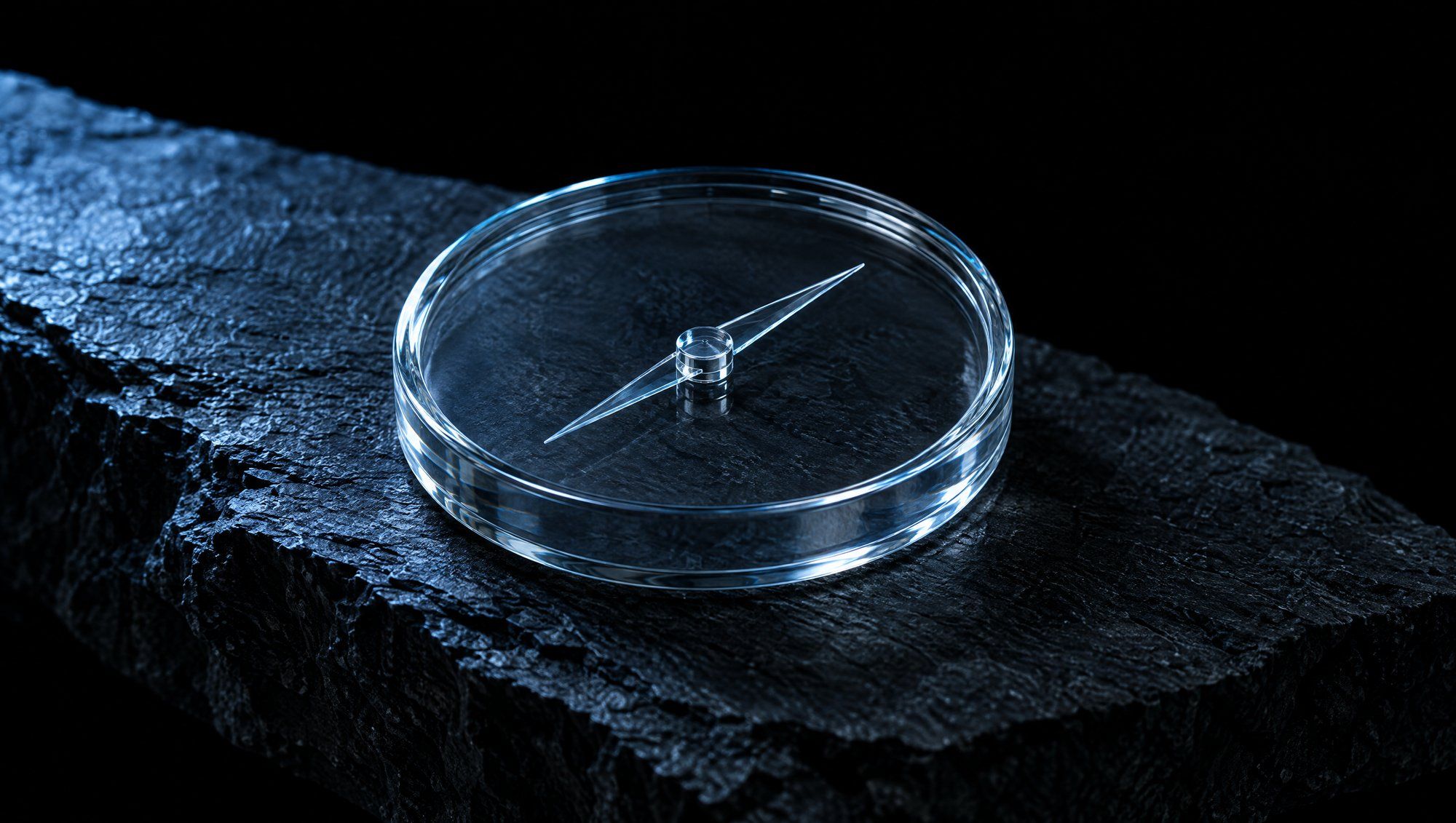 A round compass made of clear glass with a blank face and a slender glass needle, resting on rough dark slate against black, its rim and needle lit by cool slate-blue light.