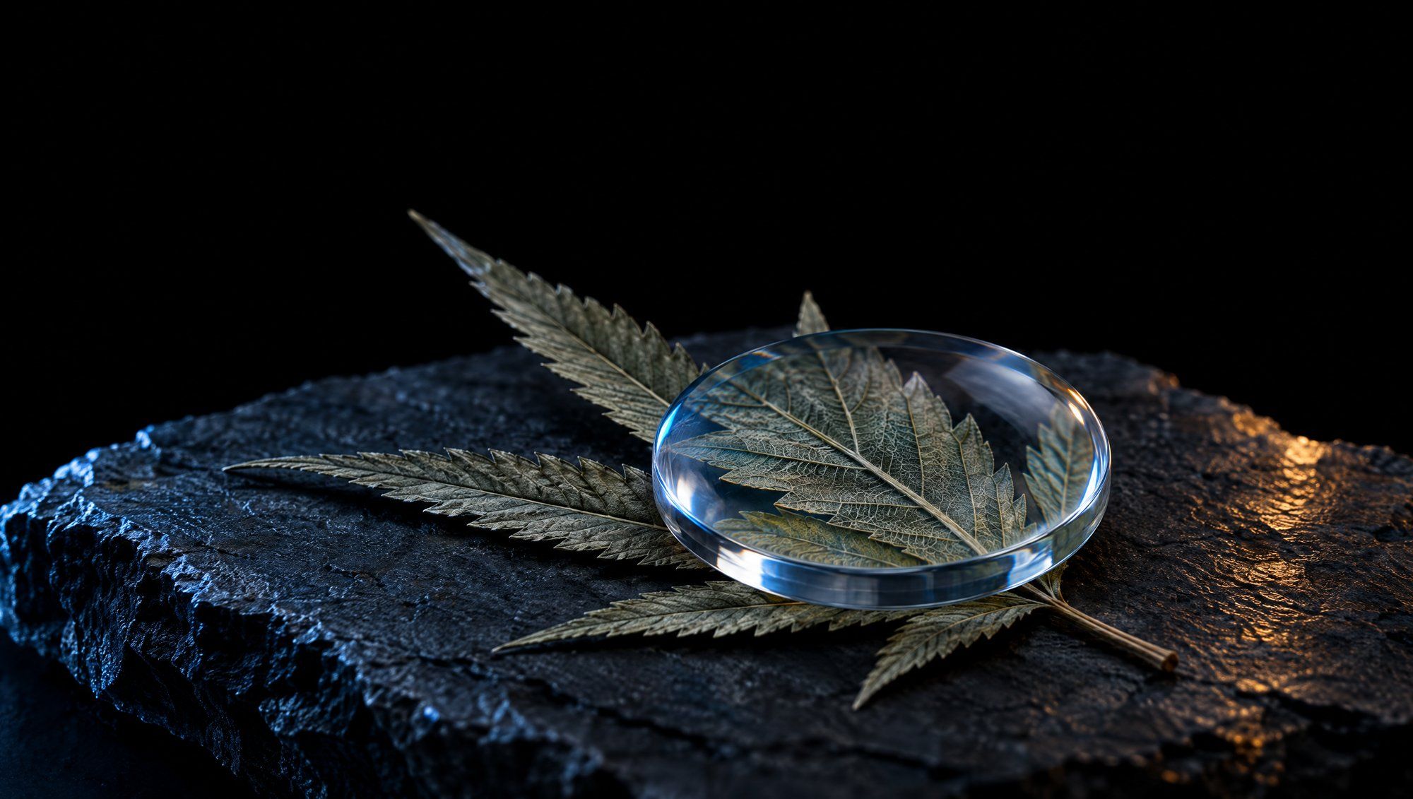 A dried grey-green serrated cannabis leaf lying on rough dark slate against black, part of it magnified under a thick round clear glass lens, edged in cool slate-blue light with a faint amber glint on the stone.