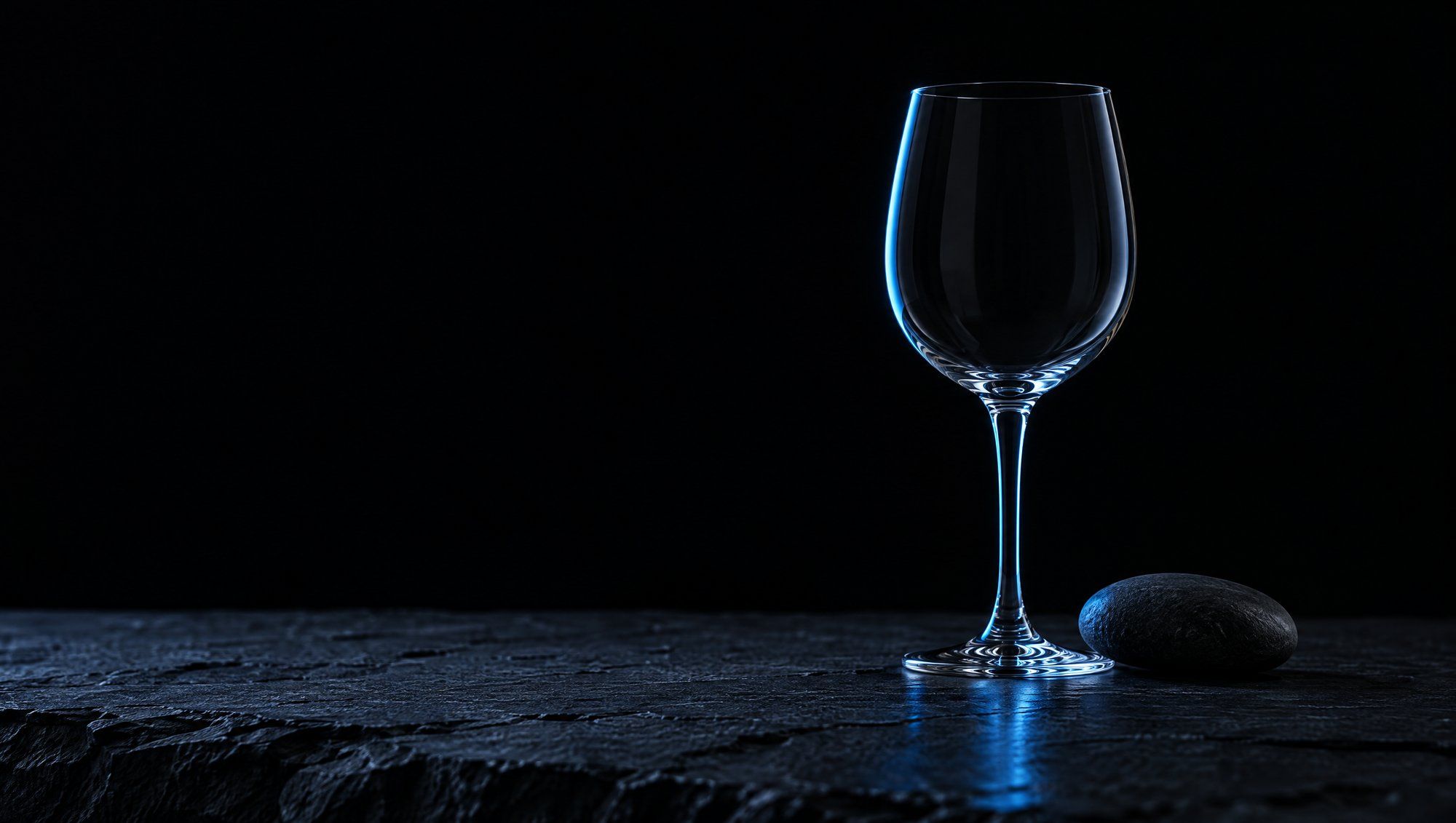 An empty clear stemmed wine glass standing on rough dark slate beside a smooth dark river stone, its rim and stem traced by a thin line of cool slate-blue light against a black background.