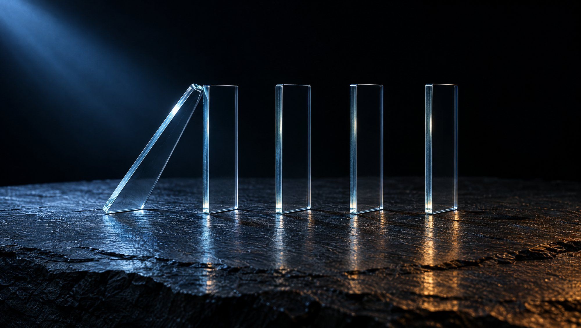 Five thin blank clear glass tiles standing in a row on rough dark slate like dominoes, the first one leaning against the second, lit by a beam of slate-blue light from the upper left with a faint amber reflection on the stone.