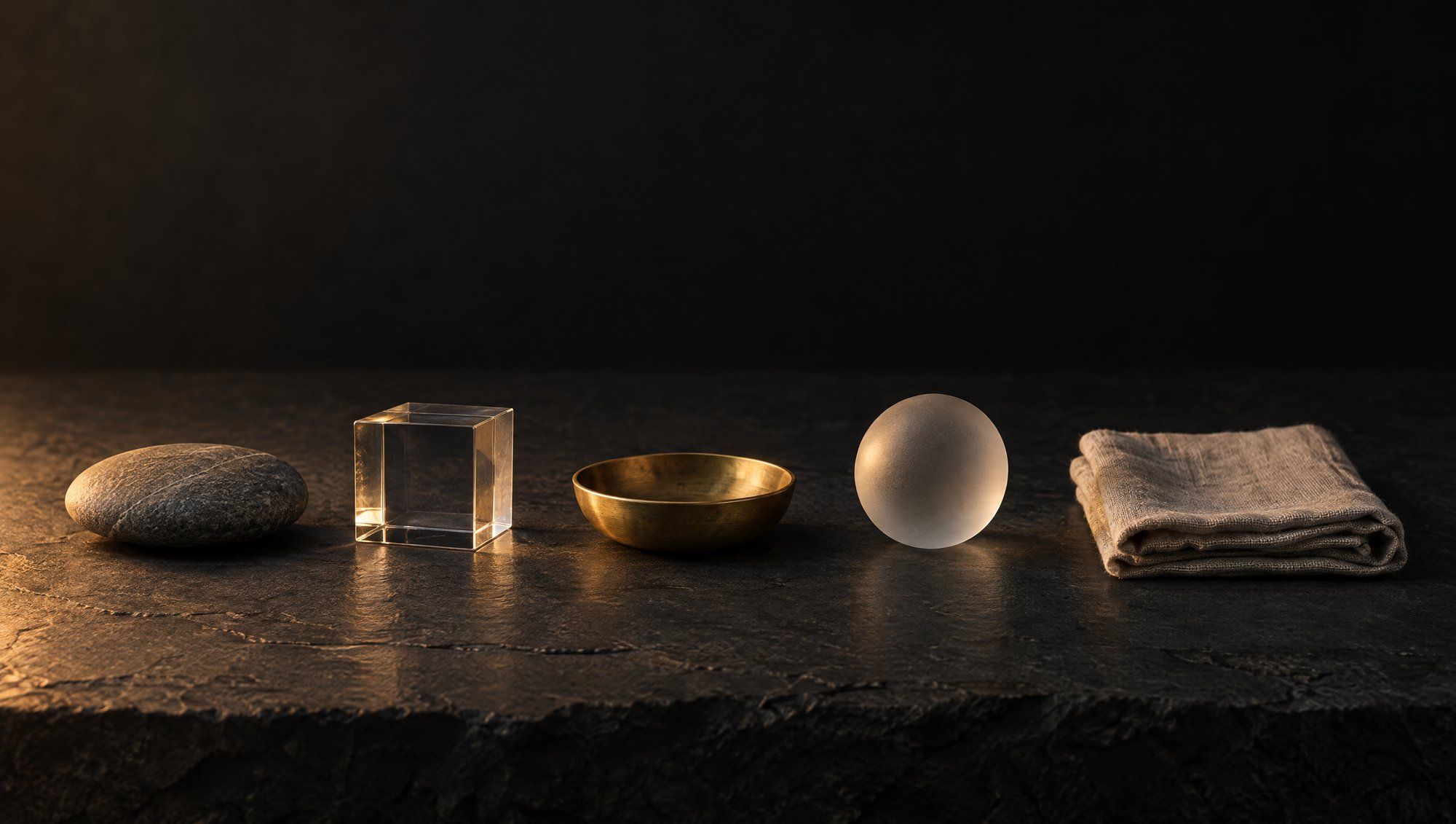 Five small objects in a row on dark slate: a river stone, a clear glass cube, a brass dish, a frosted glass sphere and a folded linen cloth, lit by a warm amber light from the left.