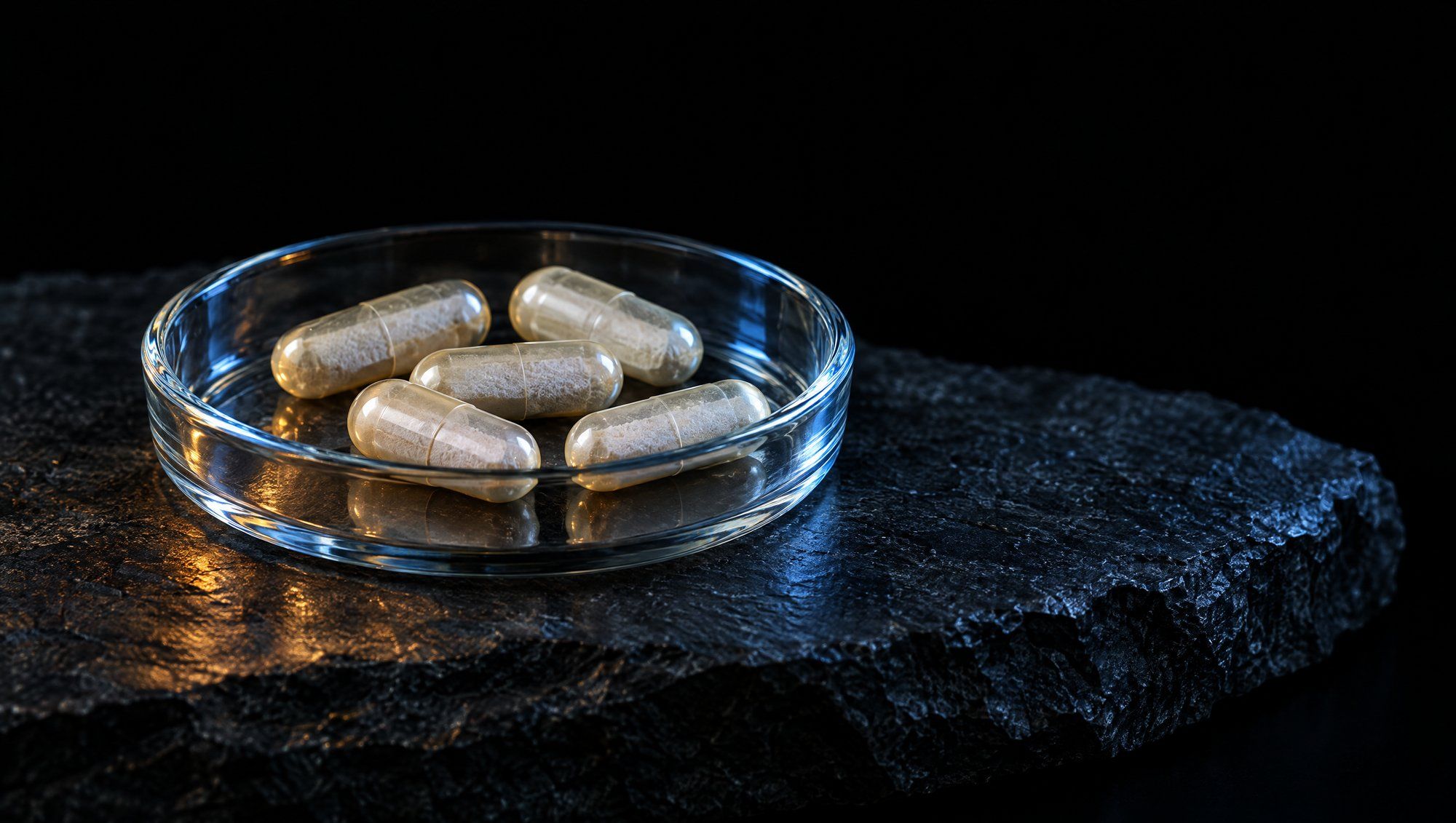 Five plain translucent capsules filled with pale powder in a shallow clear glass dish on rough dark slate against black, edge-lit in cool slate-blue light with a faint amber reflection on the stone.