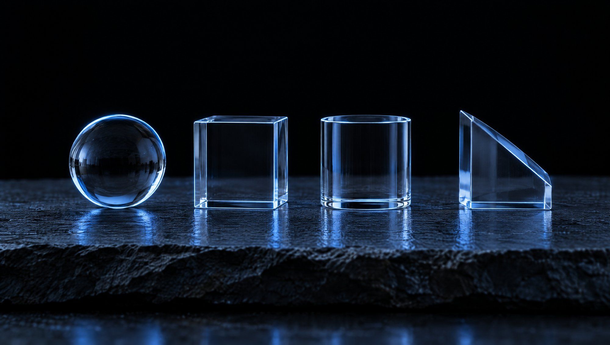 Four clear glass shapes in an evenly spaced row on rough dark slate against black, a sphere, a cube, an open cylinder and a wedge-shaped prism, each edged with the same cool slate-blue light.