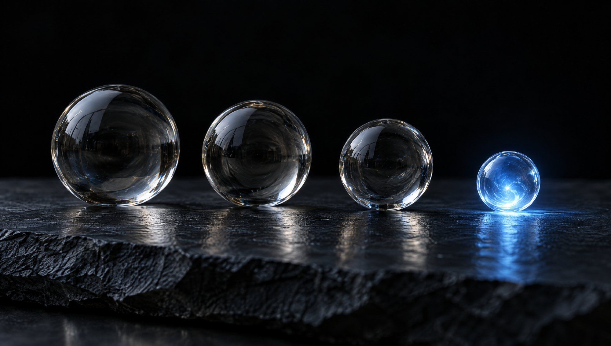 Four clear glass spheres in a row on rough dark slate against black, shrinking left to right, the smallest one on the right glowing with cool slate-blue light.