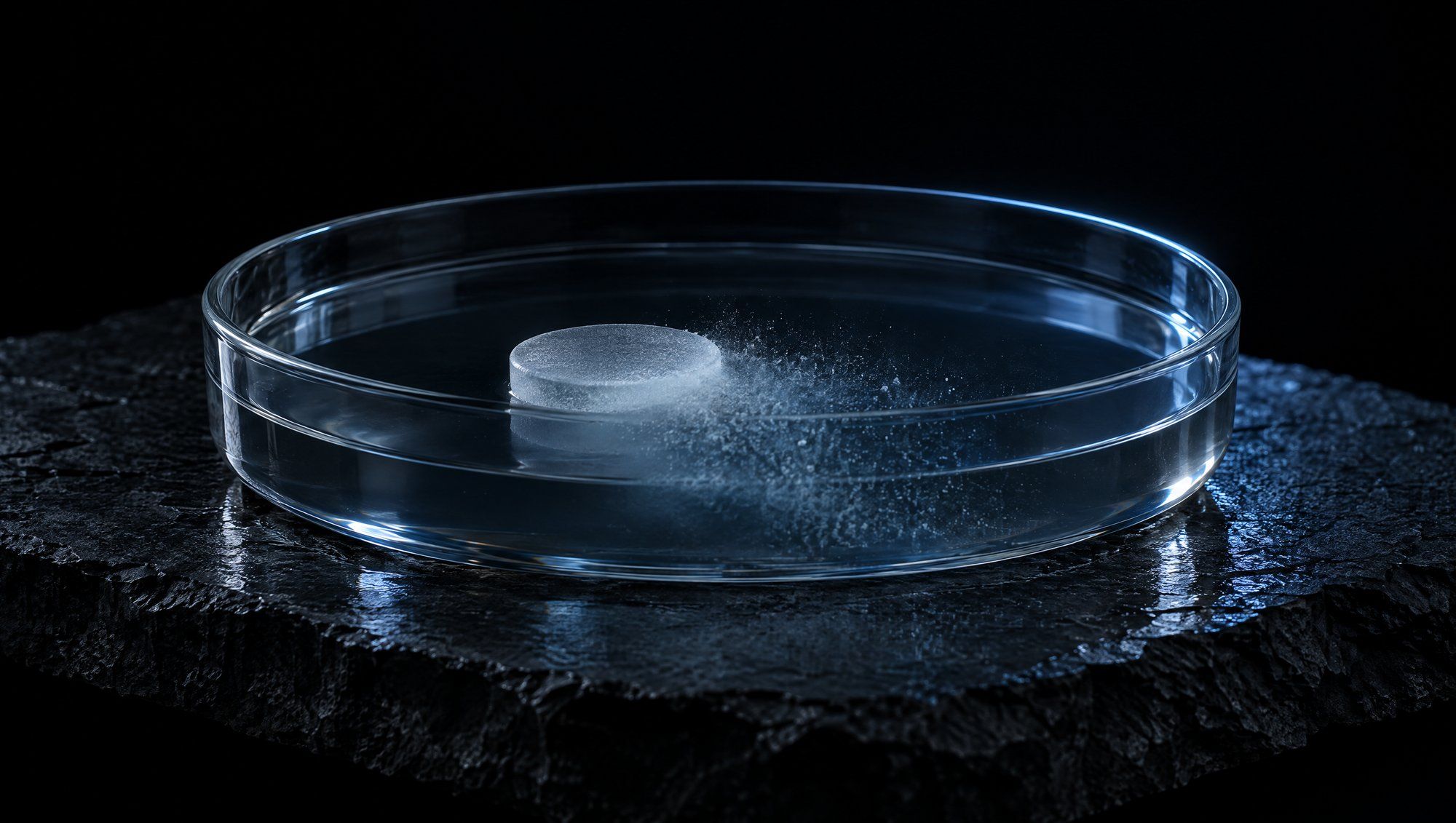 A shallow round clear glass dish of still water on a slab of rough dark slate against black, a small frosted glass disc inside it shedding a fine cloud of particles into the water, the dish rim-lit in cool slate-blue light.