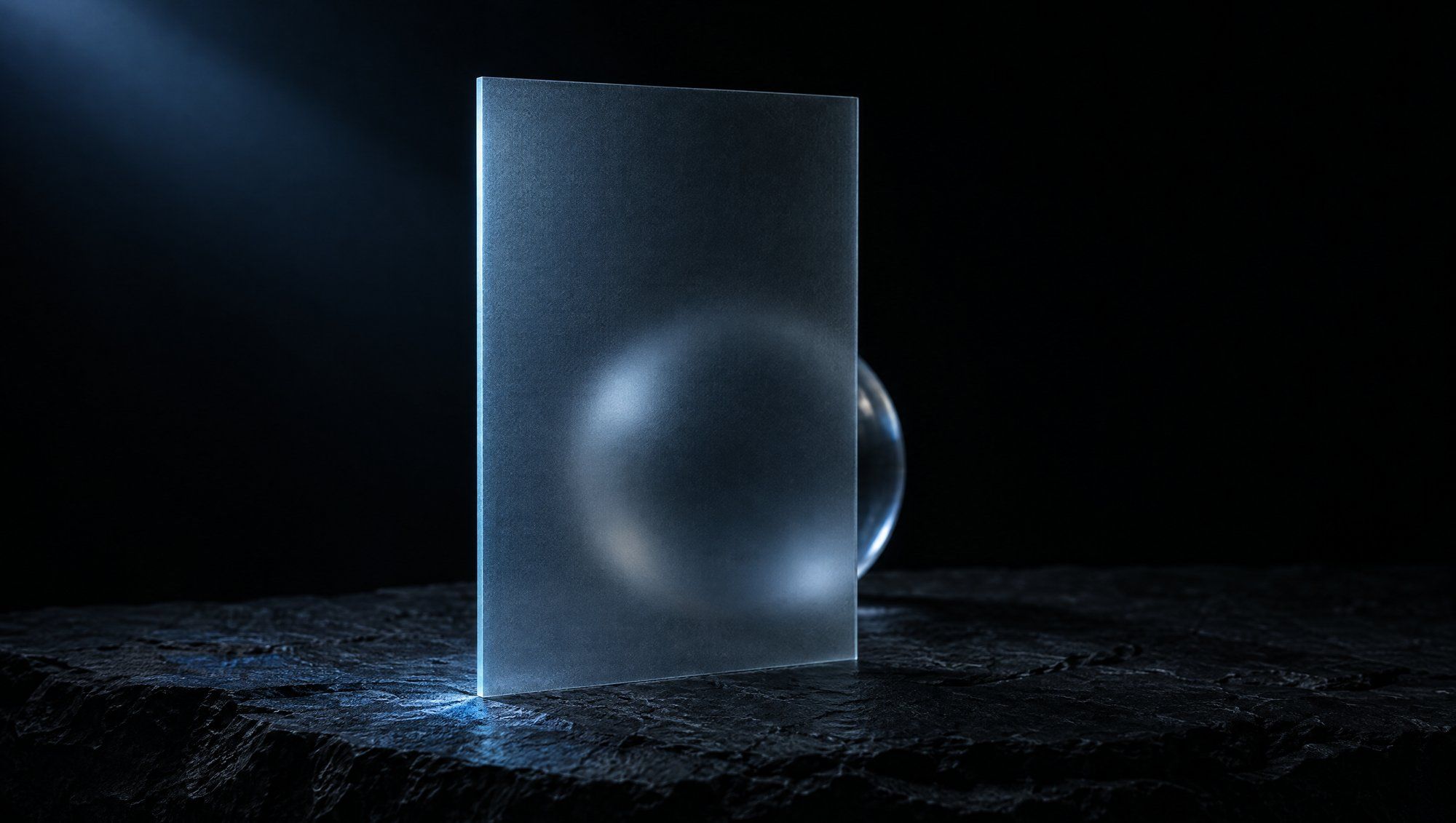 An upright pane of frosted glass standing on rough dark slate against black, a clear glass sphere behind it showing only as a soft blur through the pane and a sliver at its edge, cool slate-blue light from the upper left catching the pane's edge and the stone.