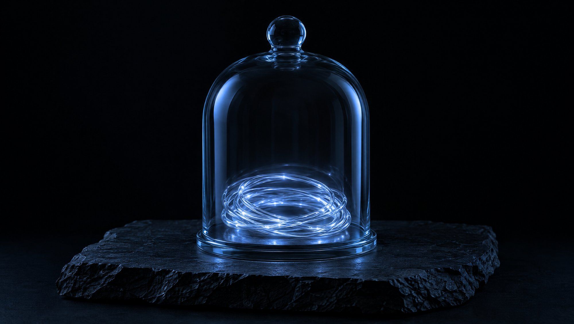 A clear glass bell jar on rough dark slate against black, covering a loose coil of clear glass filament that glows a soft slate-blue inside the jar.