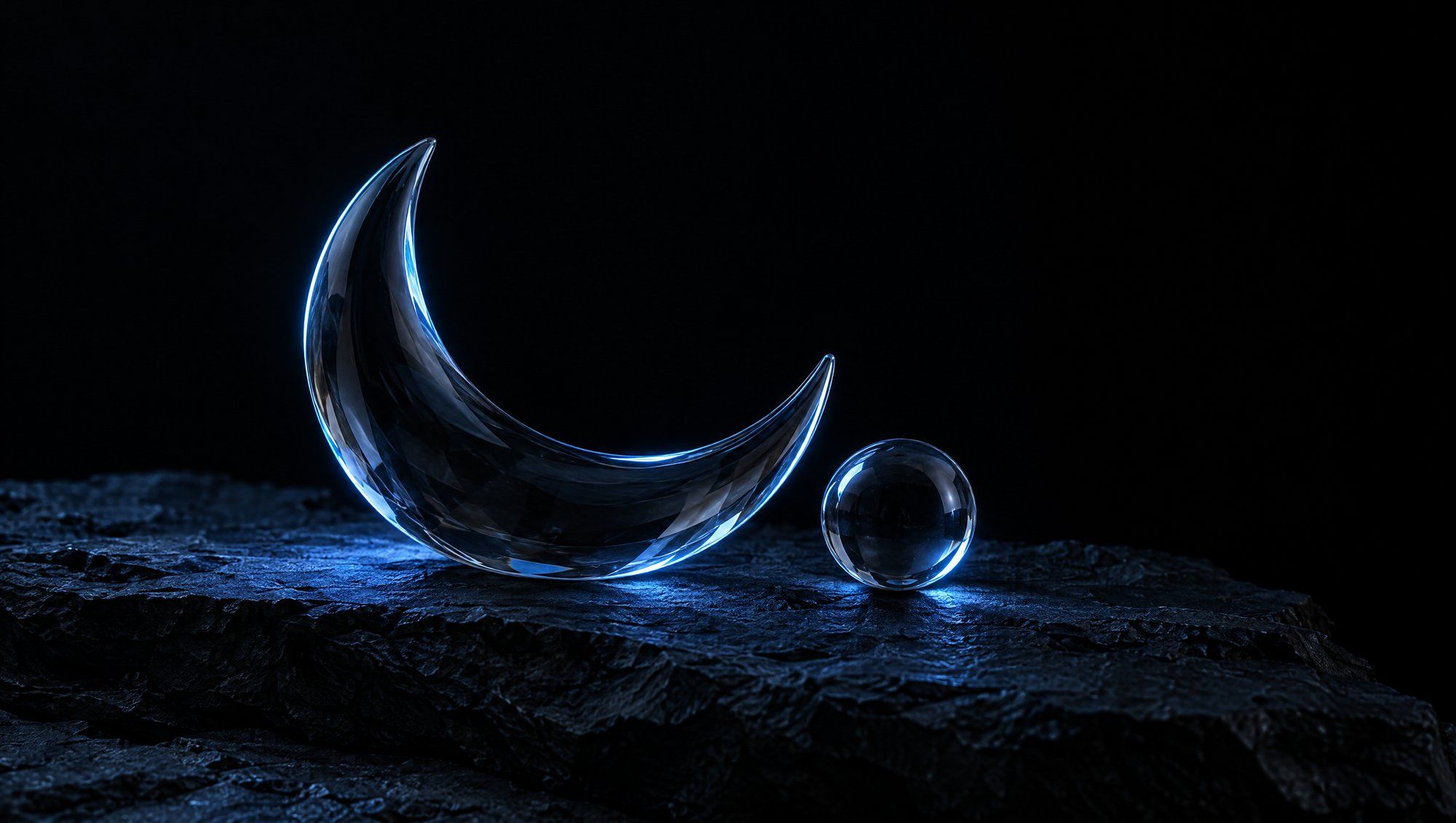 A clear glass crescent moon shape lying on its curved back on rough dark slate beside a small clear glass sphere, against black, their edges rimmed with cool slate-blue light that leaves a faint blue glow on the stone.