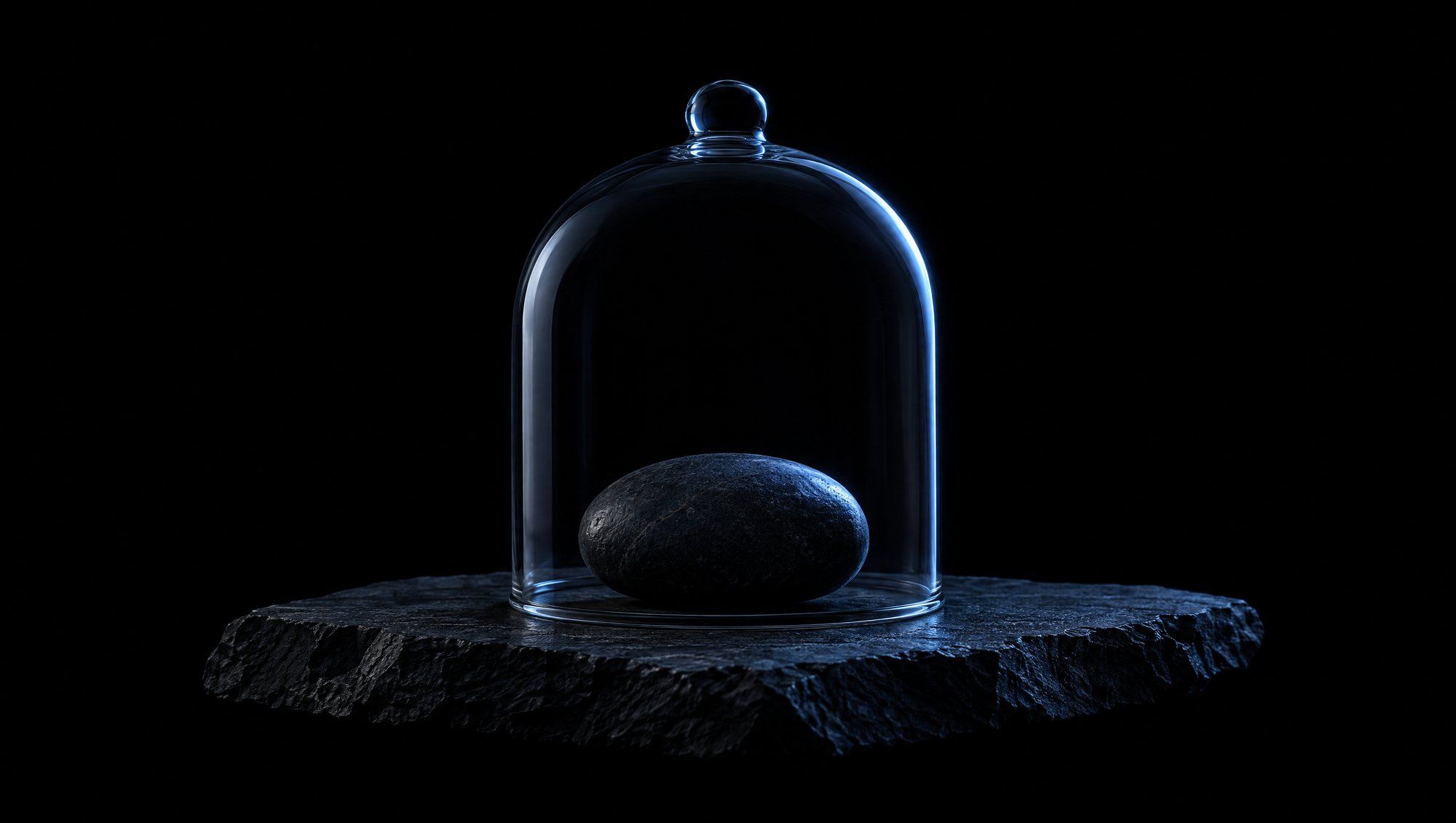 A clear glass bell-jar dome covering a single smooth dark river stone on a rough slab of dark slate against black, the curved edge of the glass lit by cool slate-blue light.