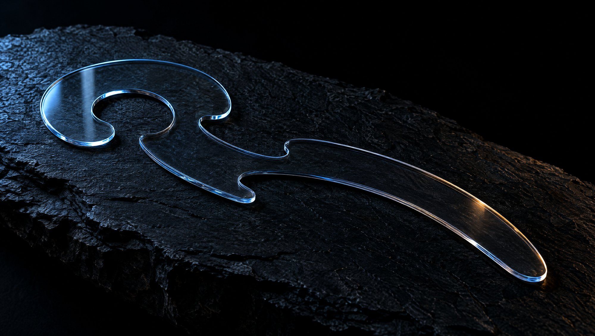 A clear glass drafting curve, a flat curved ruler without markings, lying on rough dark slate against black, its edges lit in cool slate-blue light with a faint amber glint.