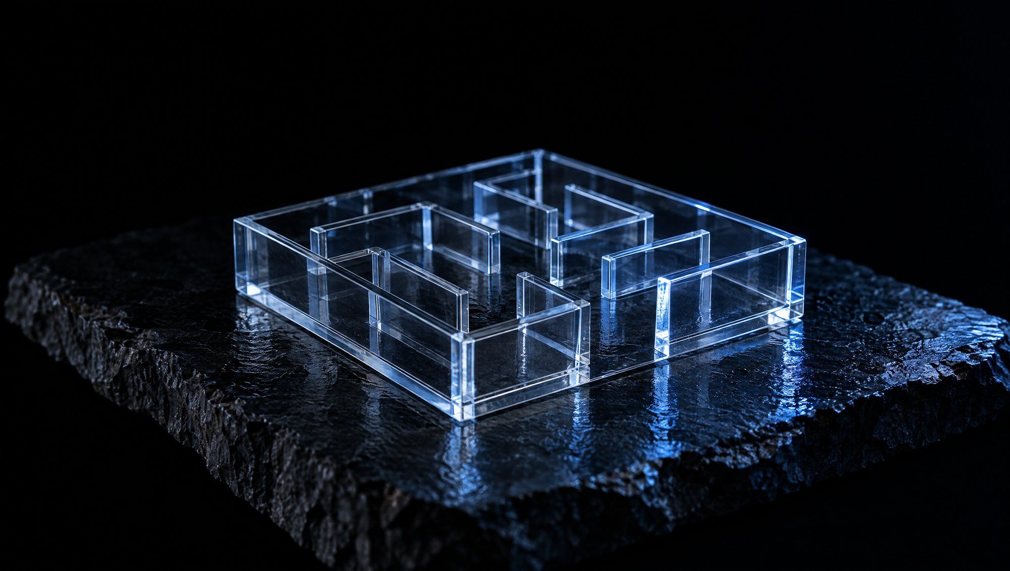 A small square maze built from clear glass walls, resting on a rough dark slate slab against a black background, its edges lit by a cool slate-blue light.