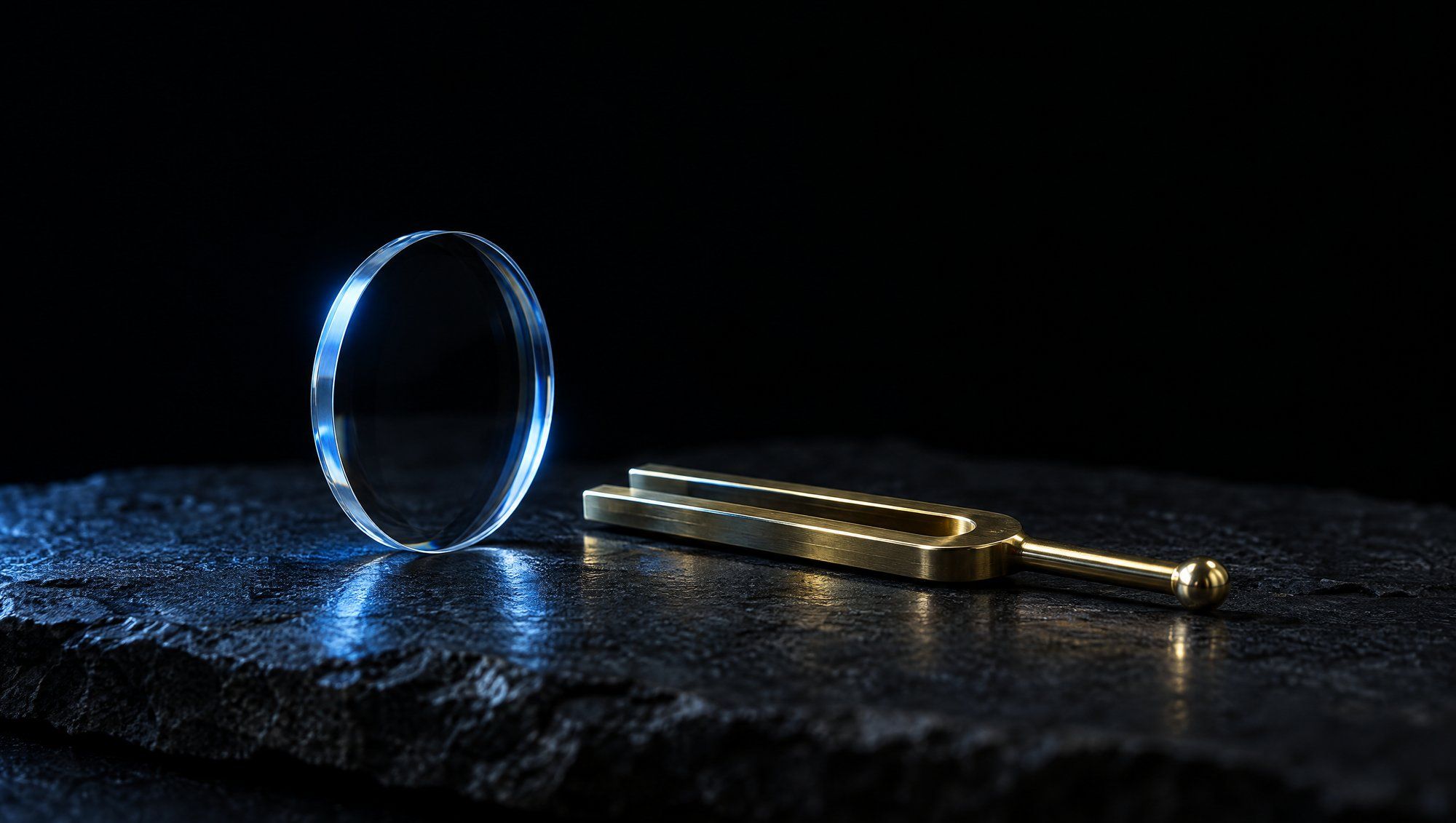 A round clear glass lens standing on its edge beside a brass tuning fork lying flat on rough dark slate against black, the lens rim lit by cool slate-blue light.