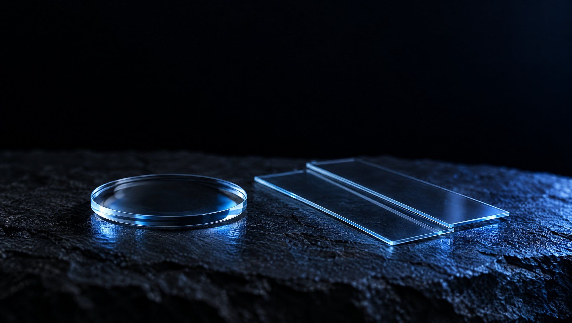 A round clear glass lens disc beside two thin blank glass slides on rough dark slate against black, their edges lit by a cool slate-blue light from the right.