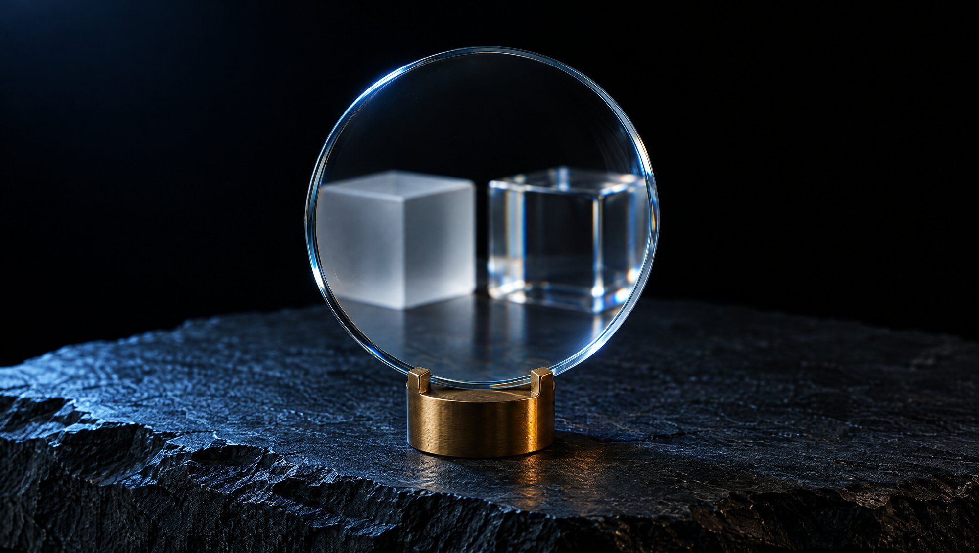 A round clear glass lens held upright in a small brass stand on rough dark slate against black, with a frosted glass cube and a clear glass cube seen behind it through the lens, lit by cool slate-blue light with an amber glint on the brass.