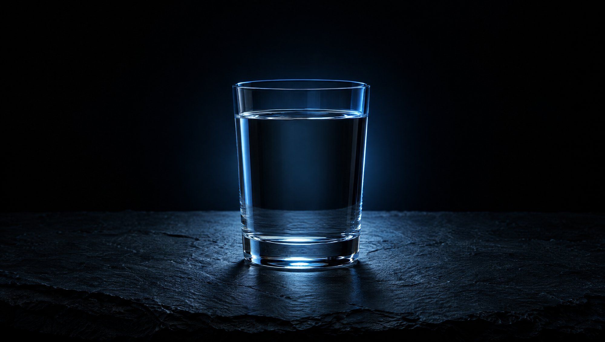 A plain glass of still water on dark slate stone, glowing faintly in cool slate-blue light from behind.