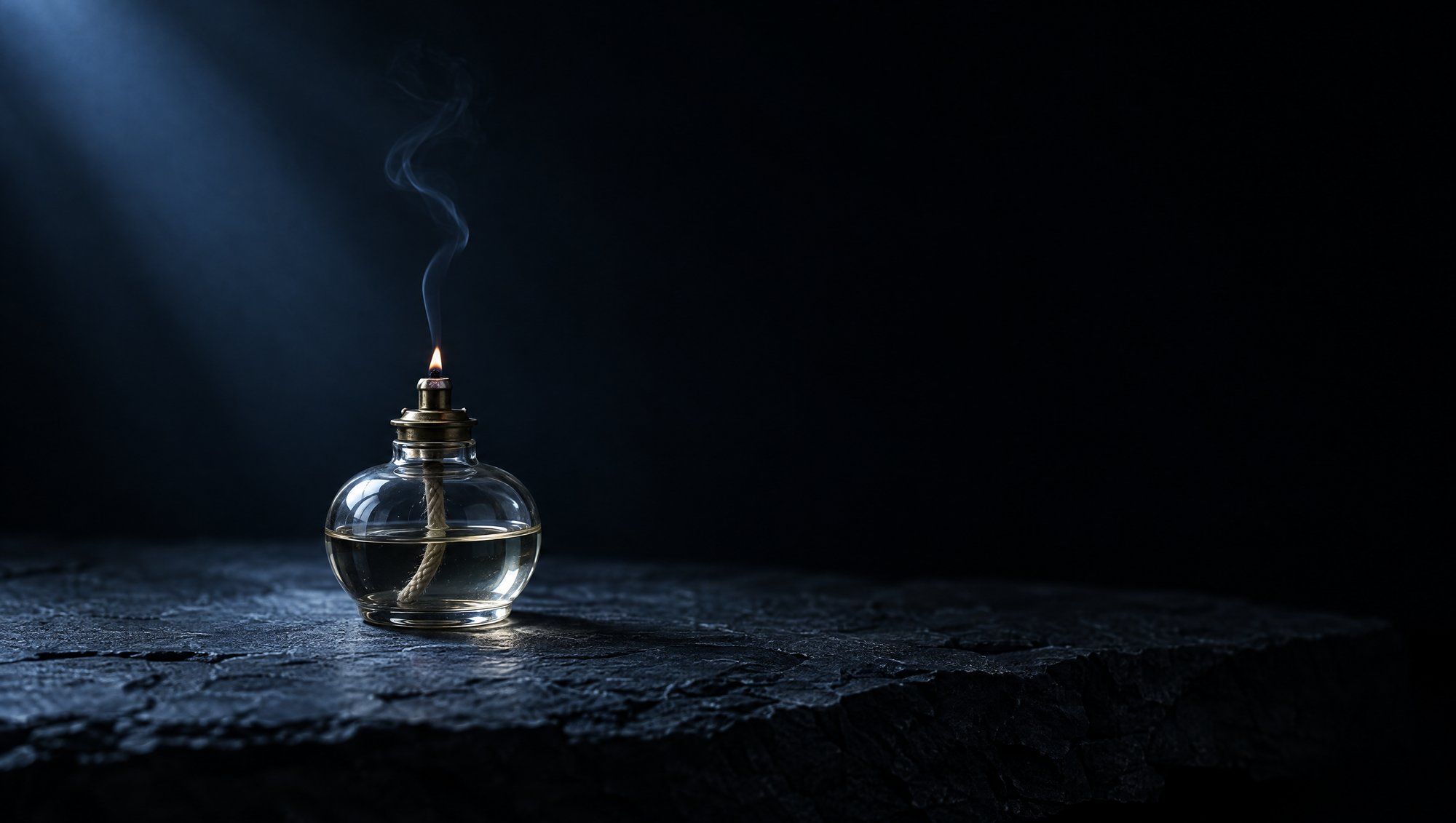 A small clear glass oil lamp with a brass collar and a braided wick, burning a tiny low flame with a thin curl of smoke, standing on rough dark slate against black under a soft beam of cool slate-blue light from the upper left.