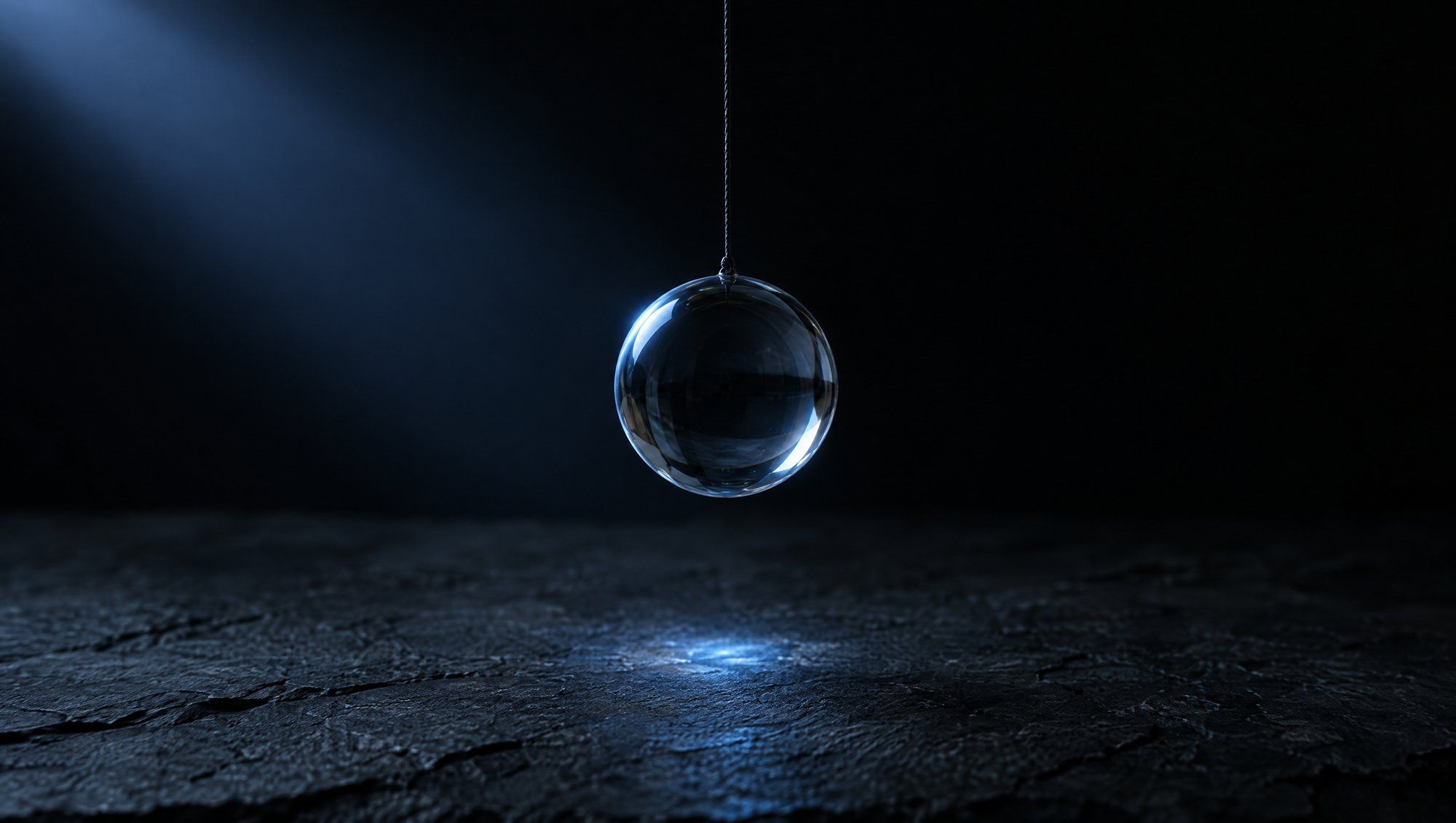 A clear glass sphere hanging still on a fine dark thread above rough dark slate, a soft beam of cool slate-blue light from the upper left leaving a small blue glint on the stone below.