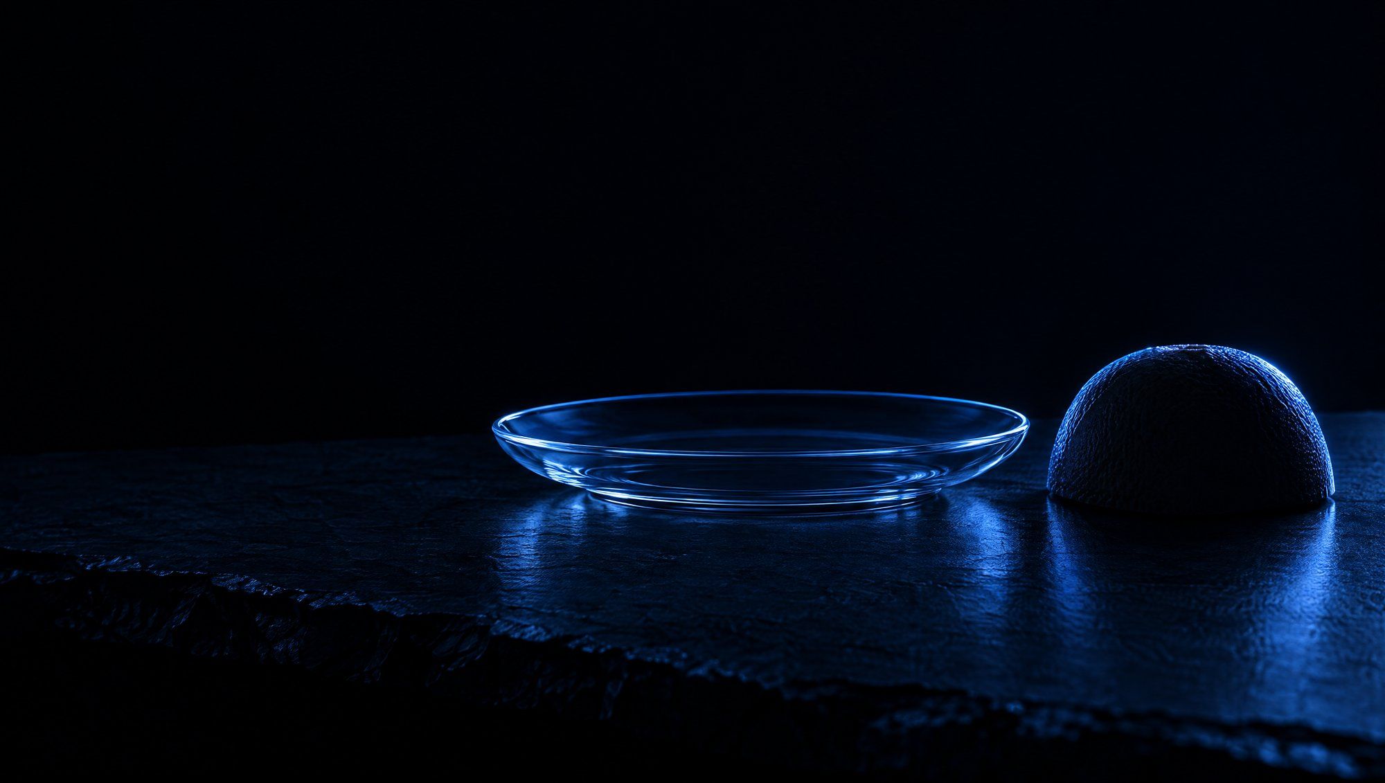 An empty clear glass plate on rough dark slate beside half a grapefruit lying cut-side down, both outlined by a thin rim of cool slate-blue light against a black background.