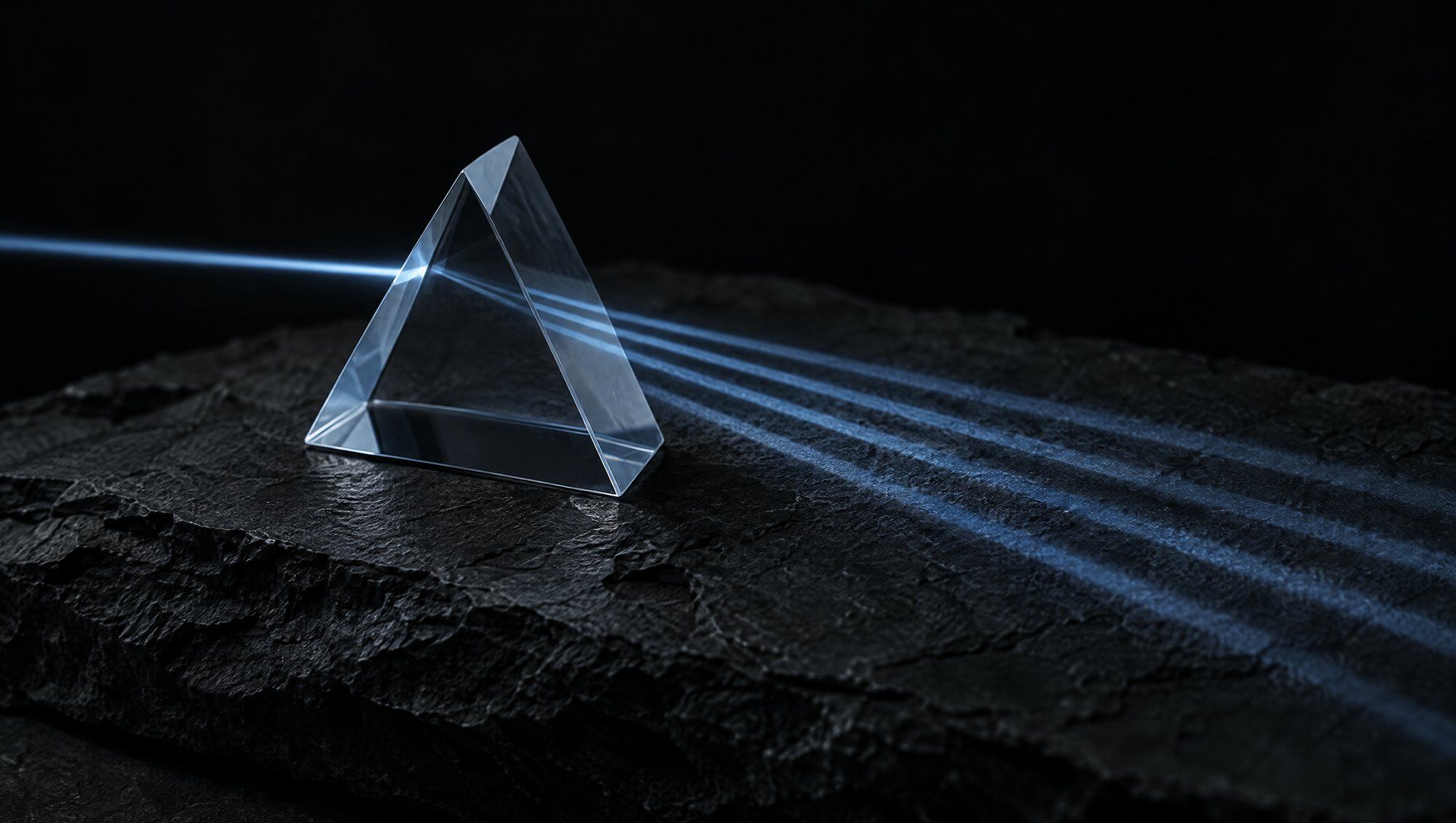 A clear triangular glass prism on rough dark slate, a single beam of slate-blue light entering it and leaving as several separate bands across the stone.