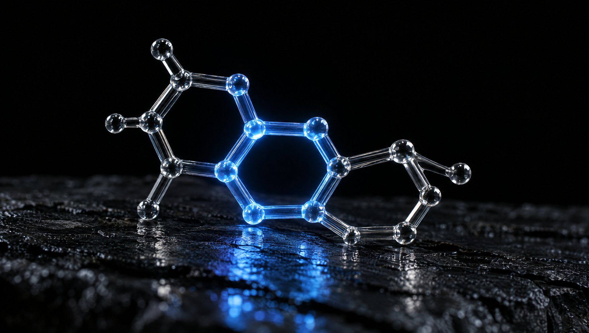 A clear glass molecular model of joined rings and small glass spheres resting on rough wet-looking dark slate against black, its central ring glowing cool slate-blue and reflected in the stone.