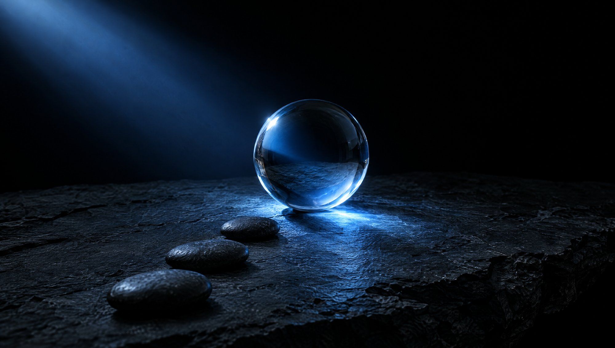 A clear glass sphere on rough dark slate, lit by a beam of slate-blue light from the upper left, with three small dark river stones in a row leading toward it.
