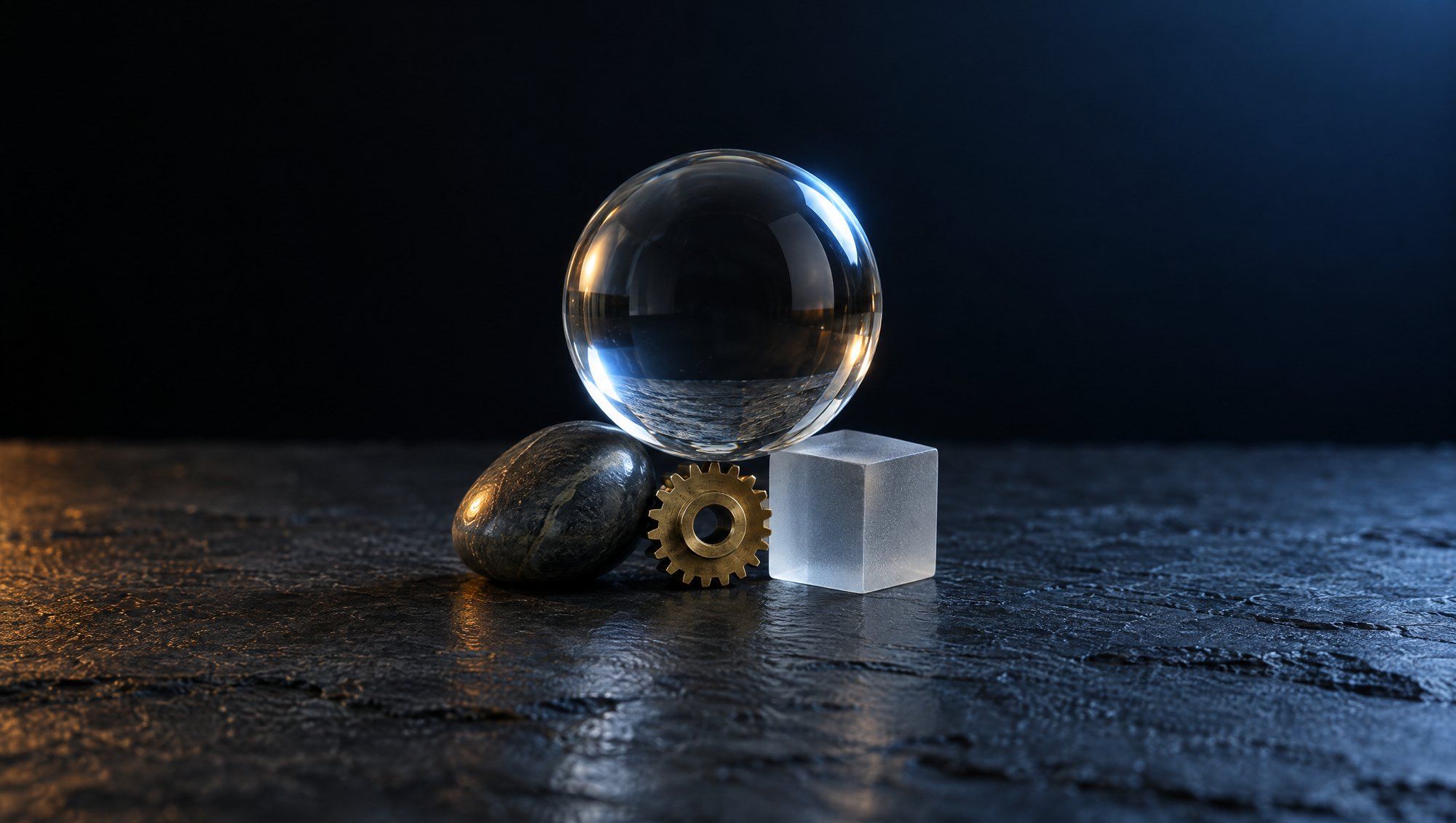 A clear glass sphere resting on three small objects at once, a dark river stone, a brass gear and a frosted glass cube, on rough dark slate against black, lit by cool slate-blue light with a faint amber reflection on the stone.