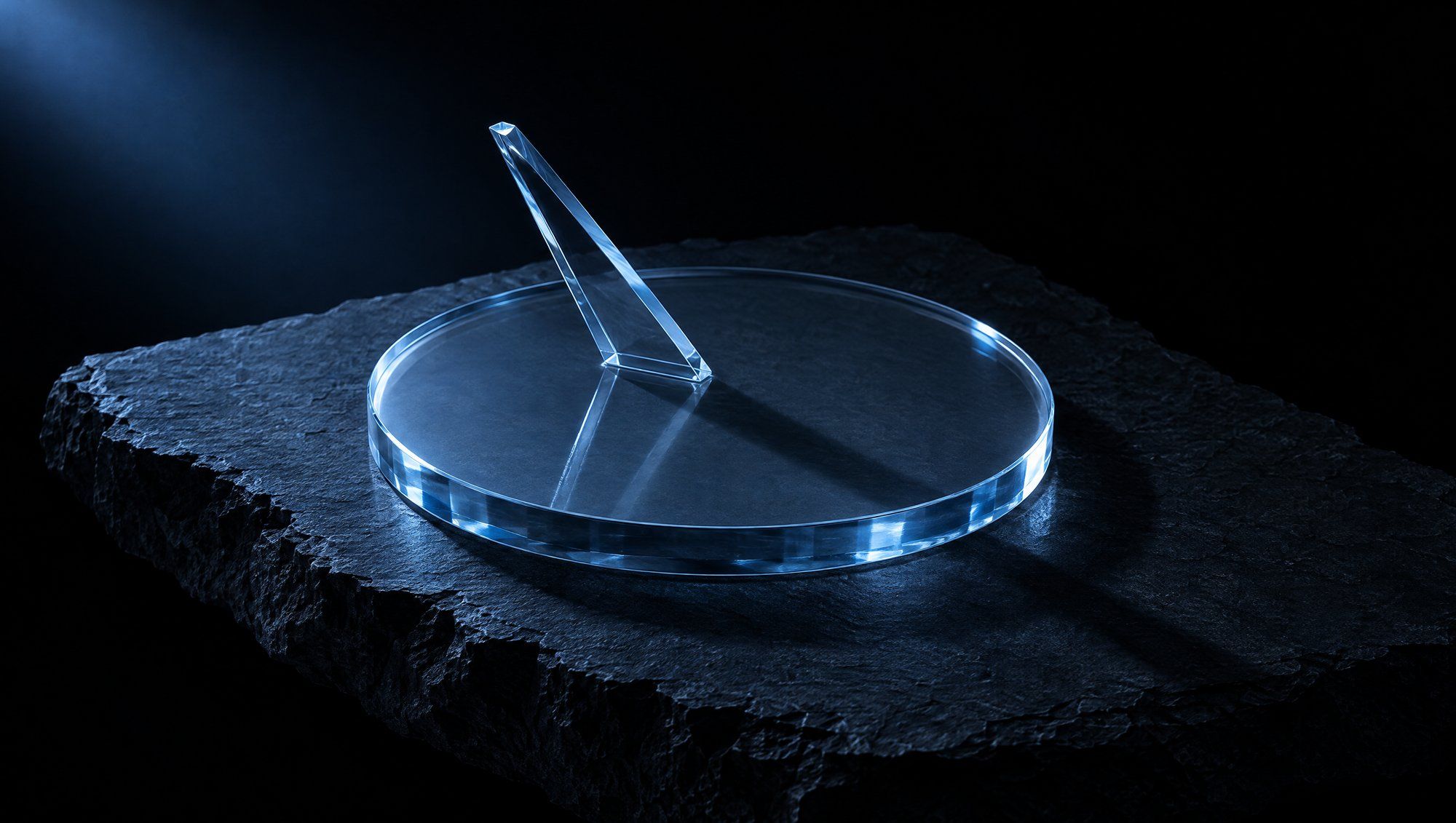 A plain round sundial made of clear glass, with an angled glass pointer, resting on rough dark slate against black, its edges lit by cool slate-blue light that casts one long shadow.