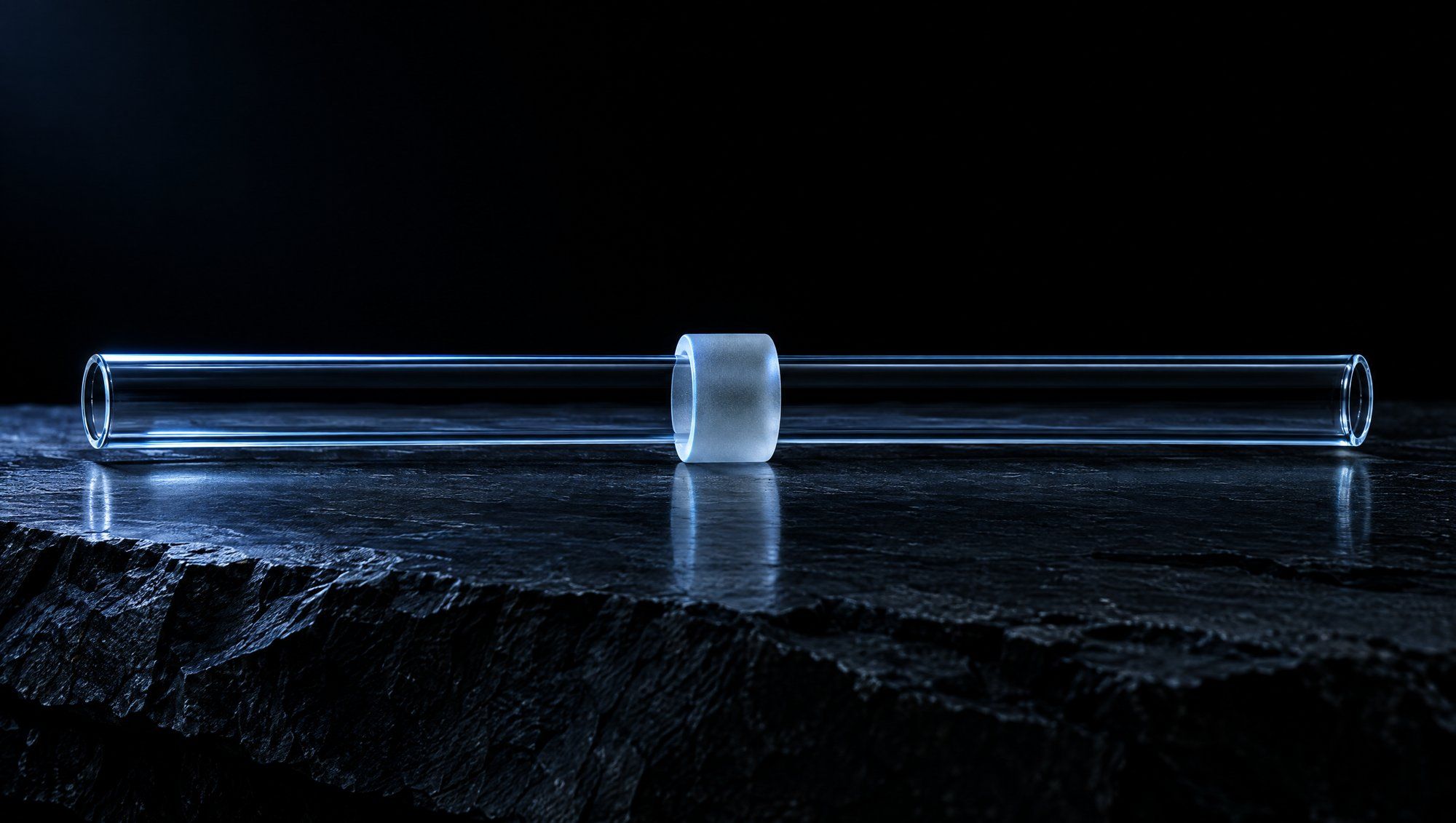 A long thin clear glass tube lying across rough dark slate against black, a thick frosted glass ring fitted around its middle, the glass edges lit by cool slate-blue light with a soft reflection on the stone.