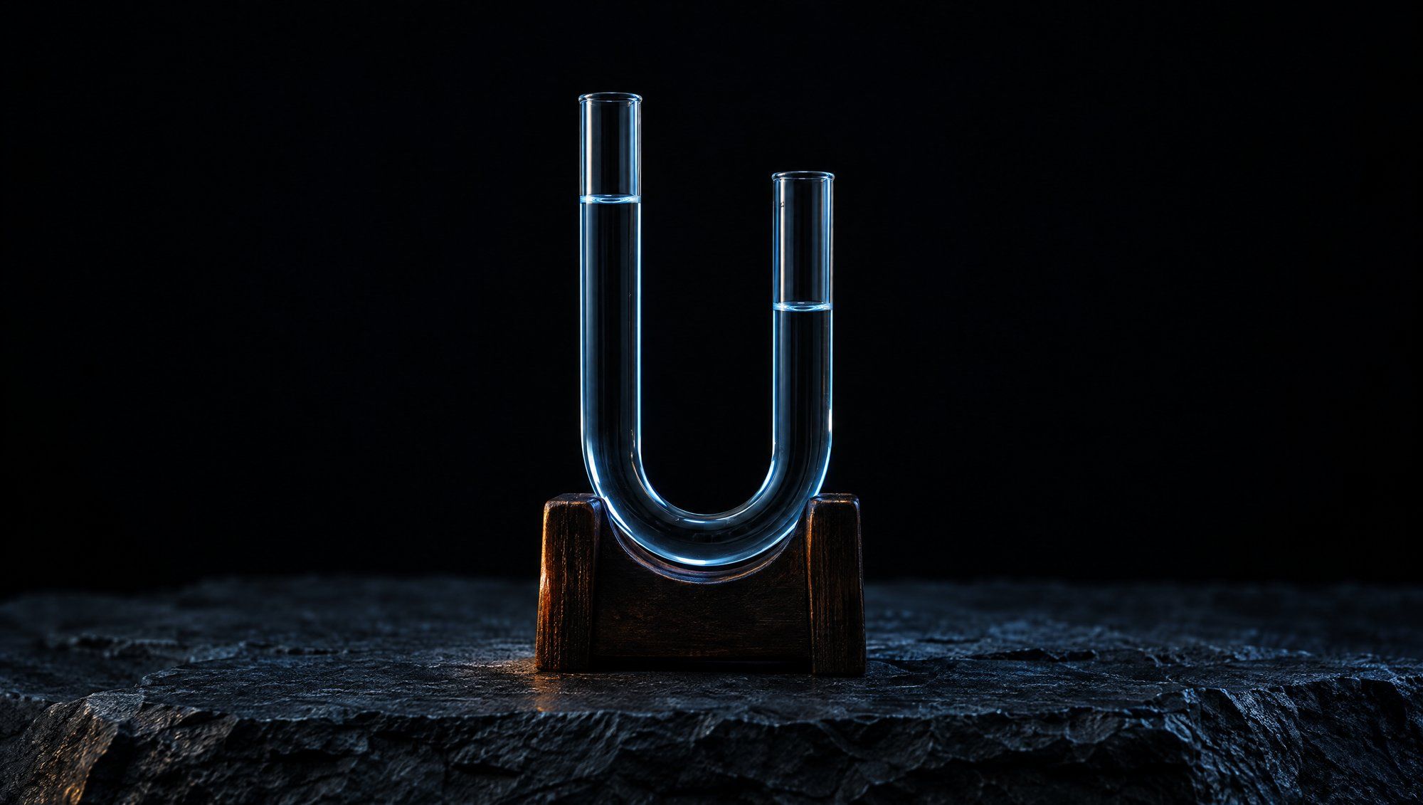 A clear glass U-shaped tube standing in a small dark wooden stand on rough dark slate against black, holding clear water that sits higher in the left arm than the right, its edges lit with cool slate-blue light and a faint amber glint on the wood.