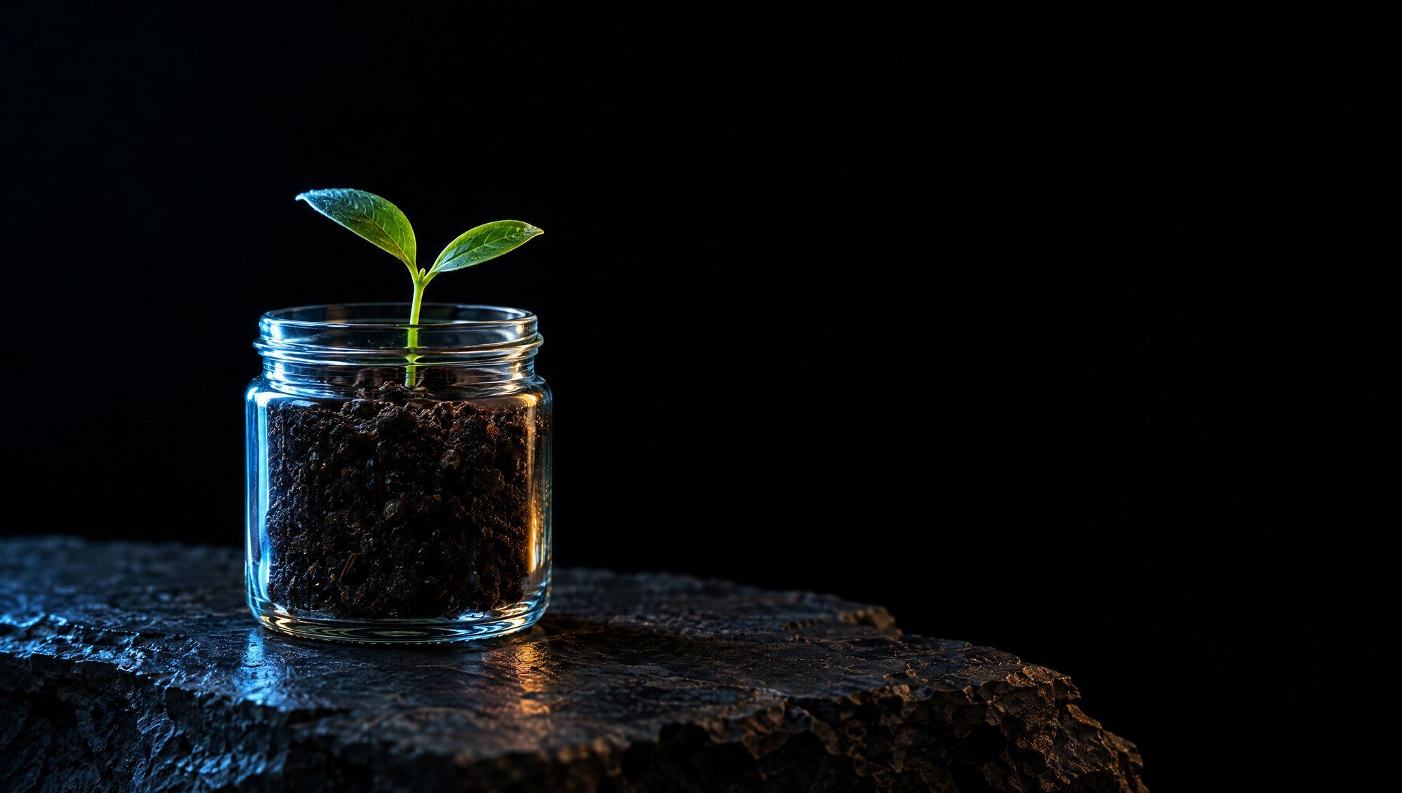 A small green seedling with two leaves growing from dark soil in a short clear glass jar on rough dark slate against black, its glass edged in cool slate-blue light with a faint amber reflection on the stone.