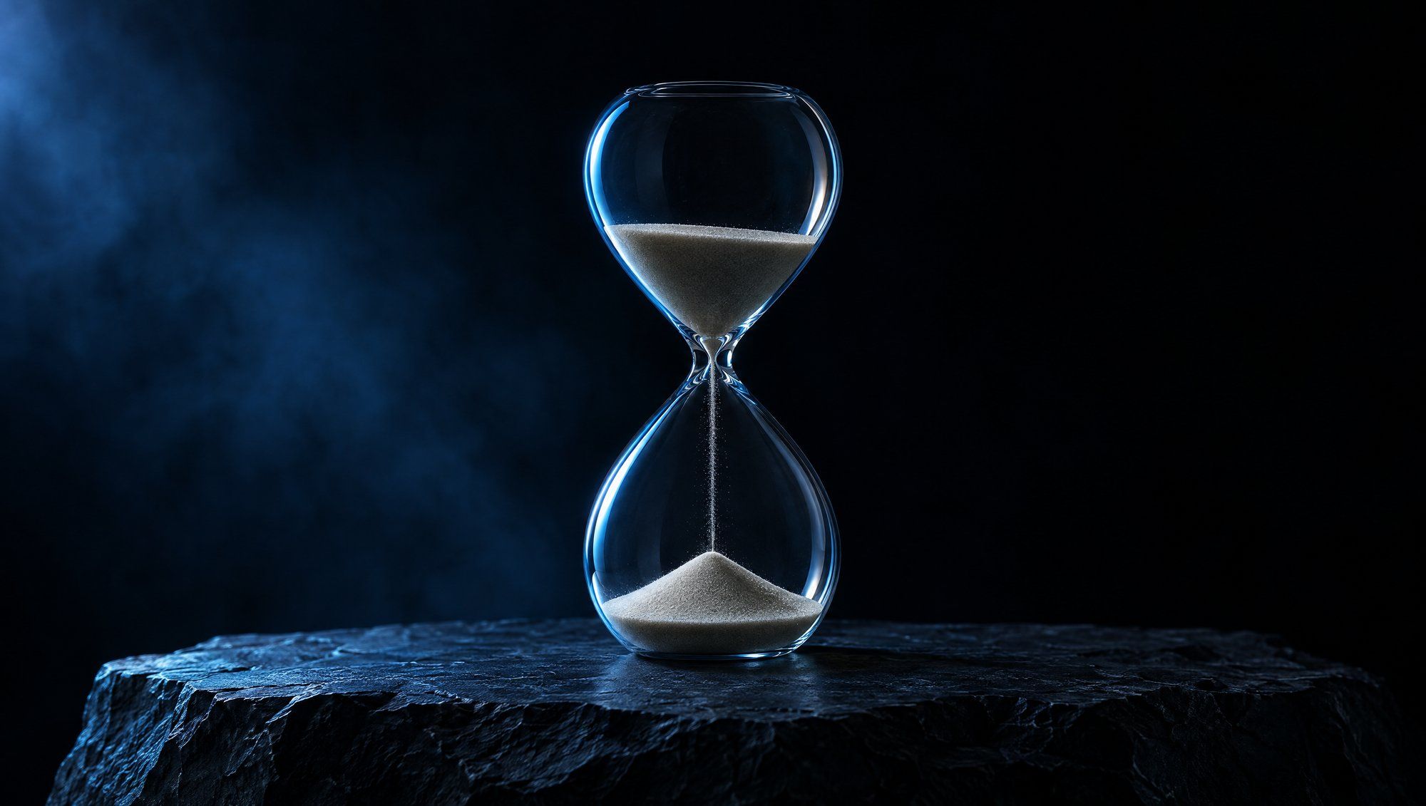 A glass hourglass with pale sand running through it, standing on a dark slate stone against black, its edges lit in cool slate blue.