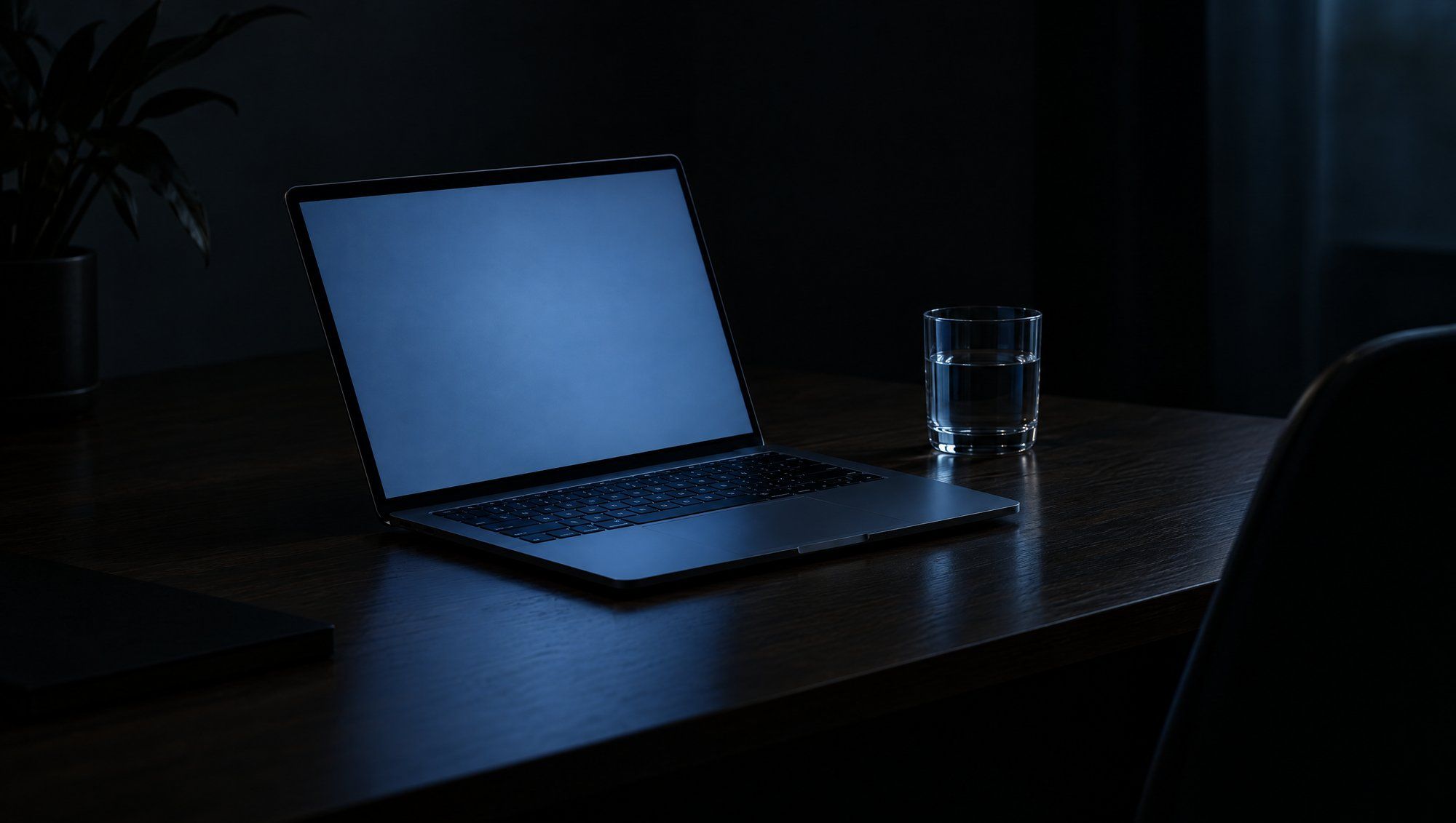 A half-open laptop with a blank, softly glowing blue screen on a dark wooden desk, a glass of water beside it.