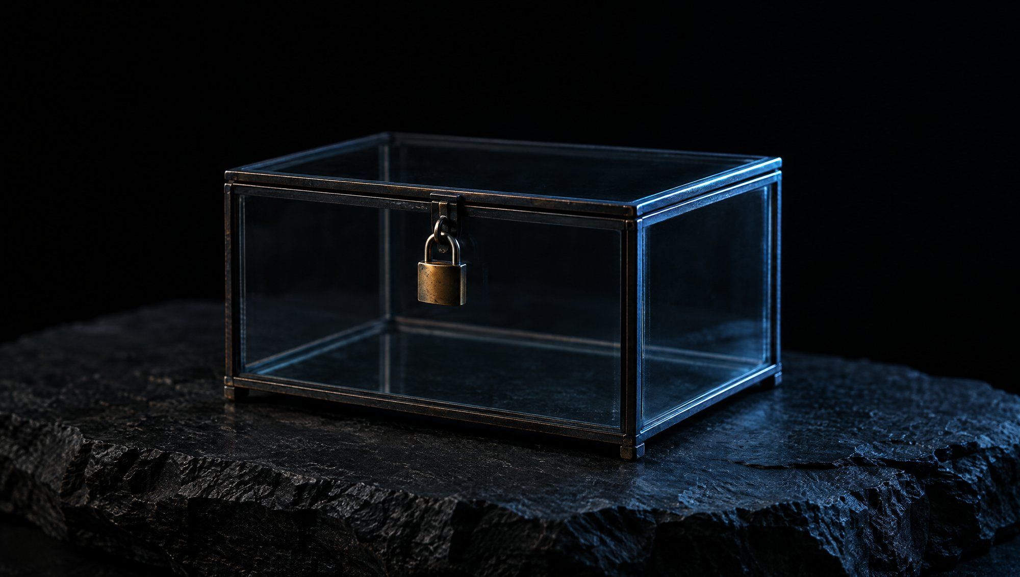 An empty glass display case with dark metal edges, closed with a small brass padlock, resting on rough dark slate stone against black, its glass edges lit by cool slate-blue light.