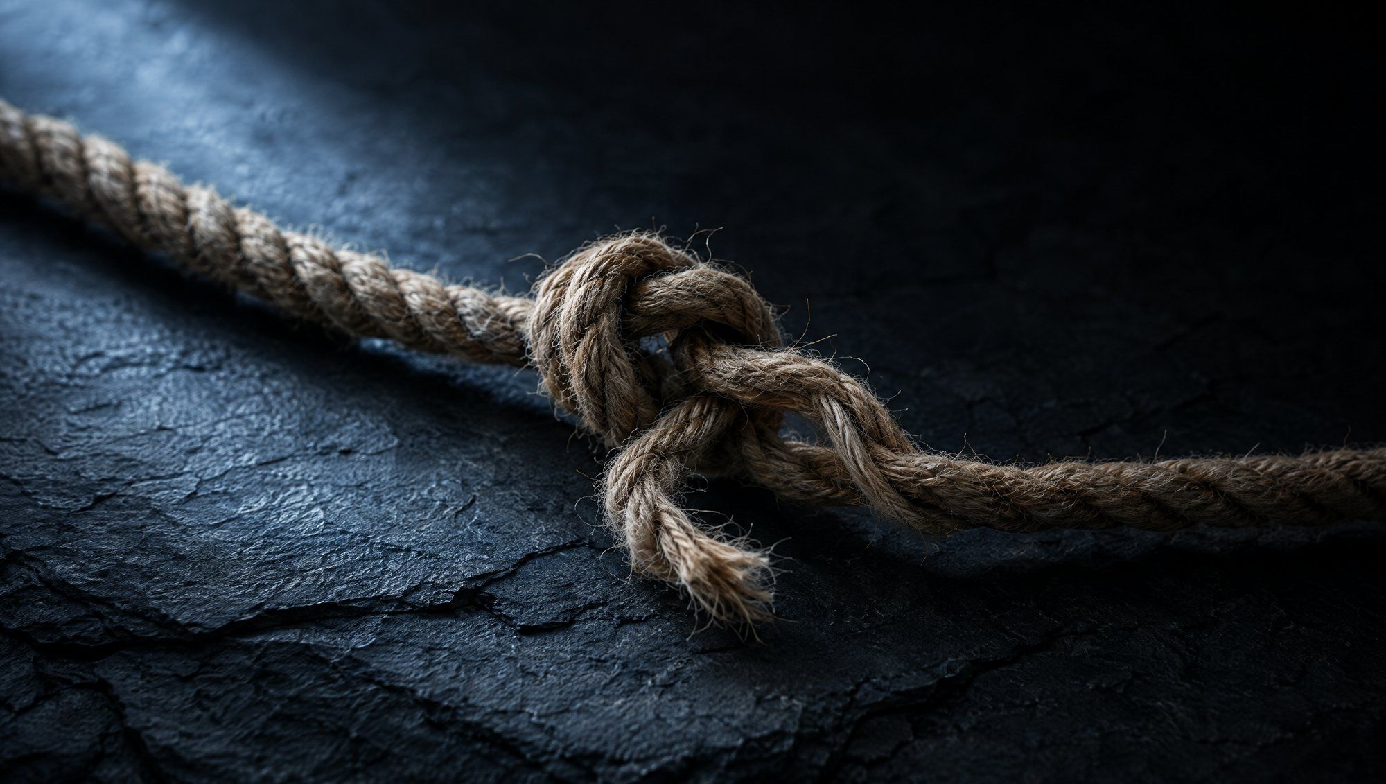 A length of thick natural rope lying on rough dark slate with a single loose knot in the middle, its fibers lit by a soft beam of cool slate-blue light from the upper left.