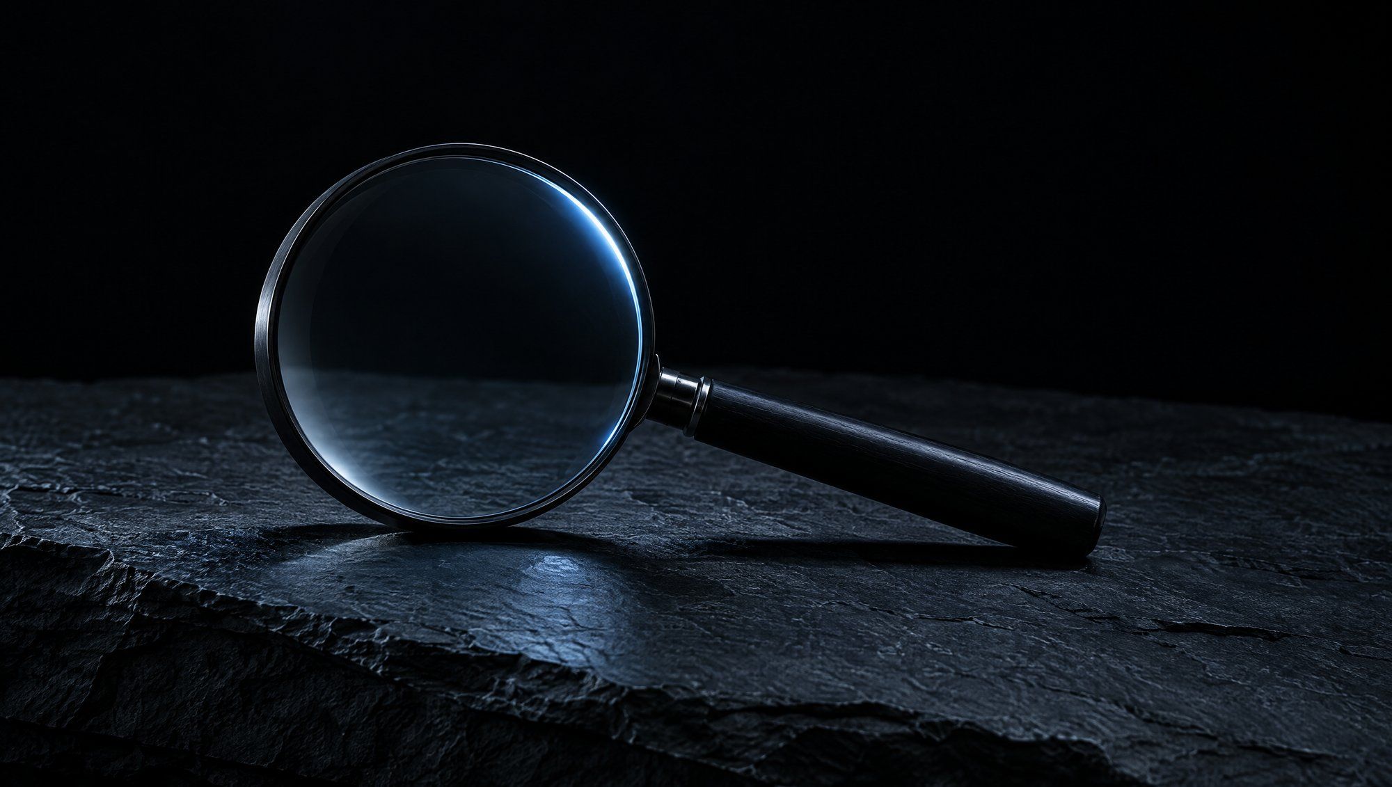 A round magnifying glass with a dark handle resting on dark slate stone, its lens rimmed in cool slate-blue light.