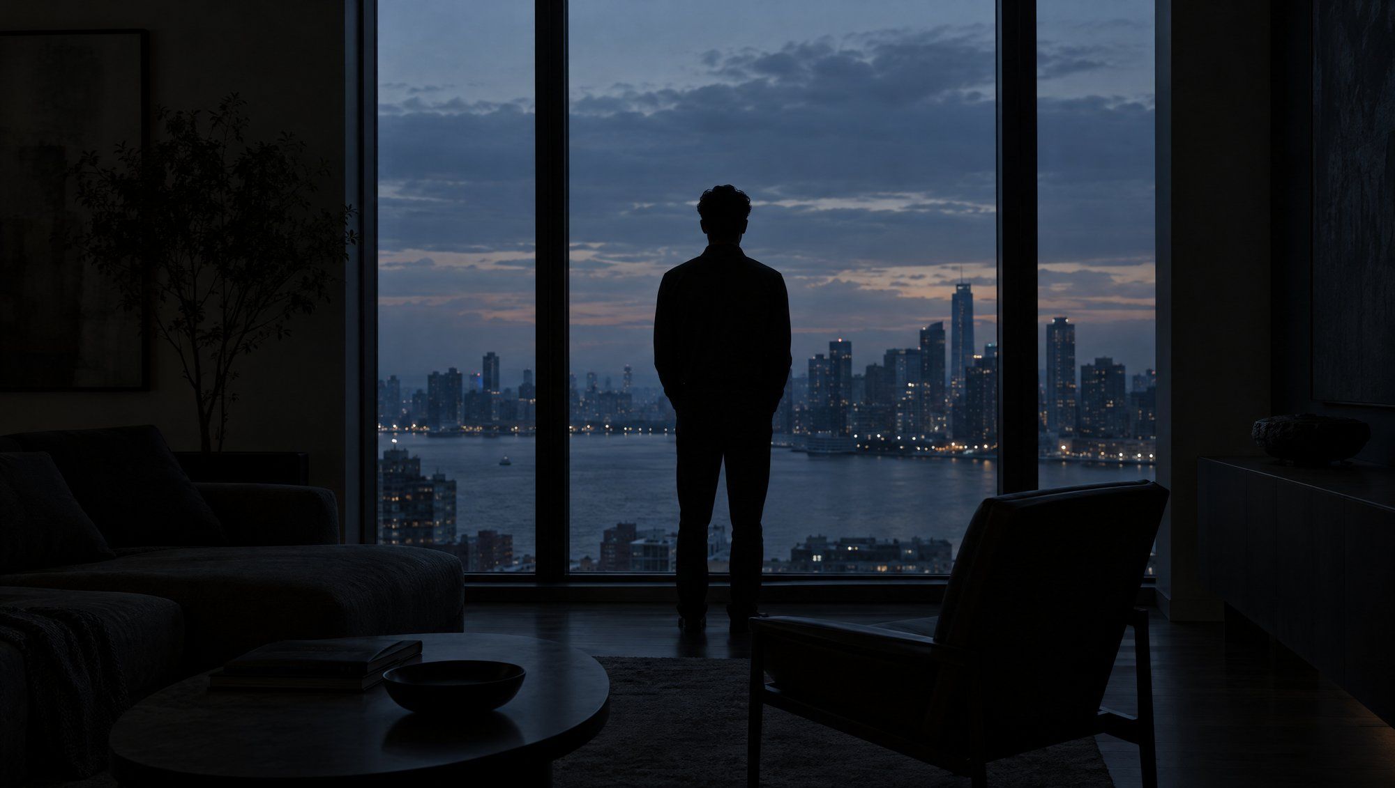 A man seen from behind in silhouette, standing at a tall window in a dark apartment, looking out at a city skyline at dusk.